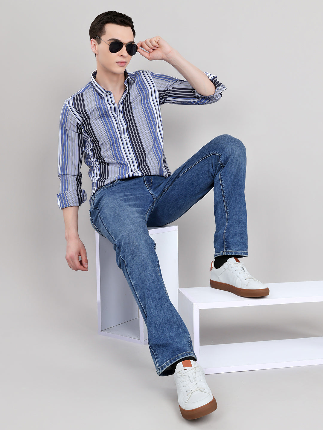 Men Blue Stripe Collar Full Sleeve Shirt