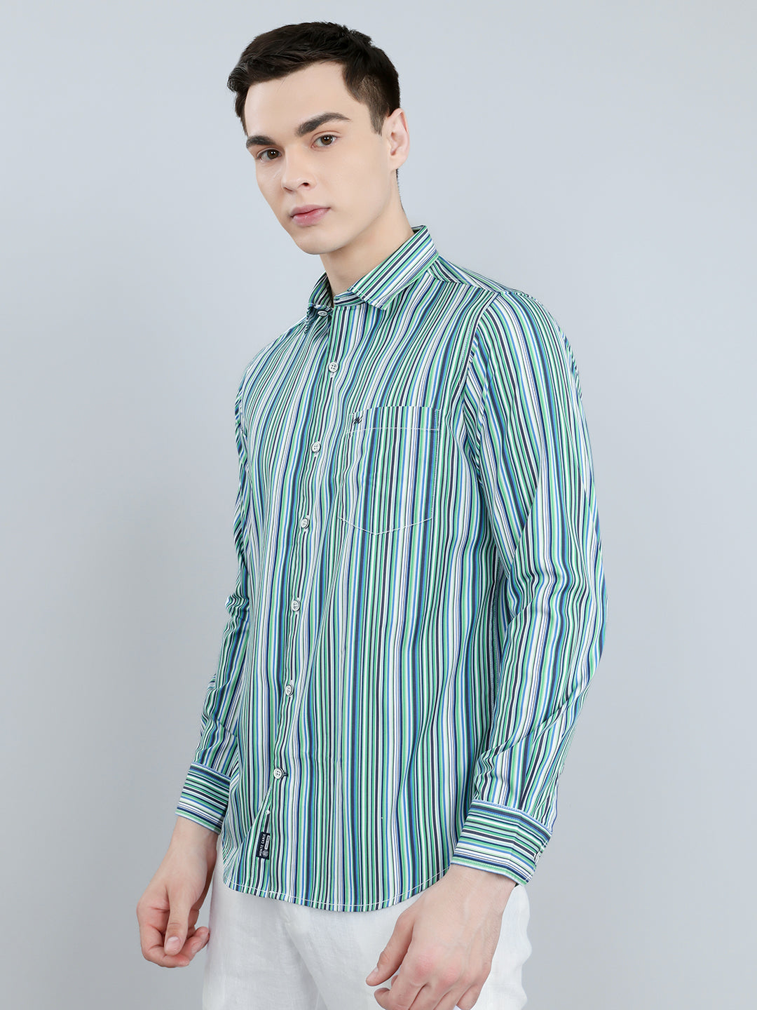 Men Green Stripe Collar Full Sleeve Shirt