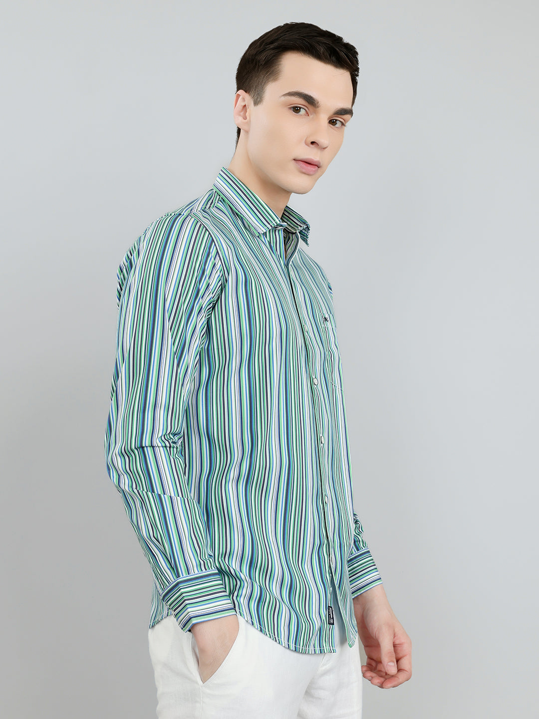 Men Green Stripe Collar Full Sleeve Shirt