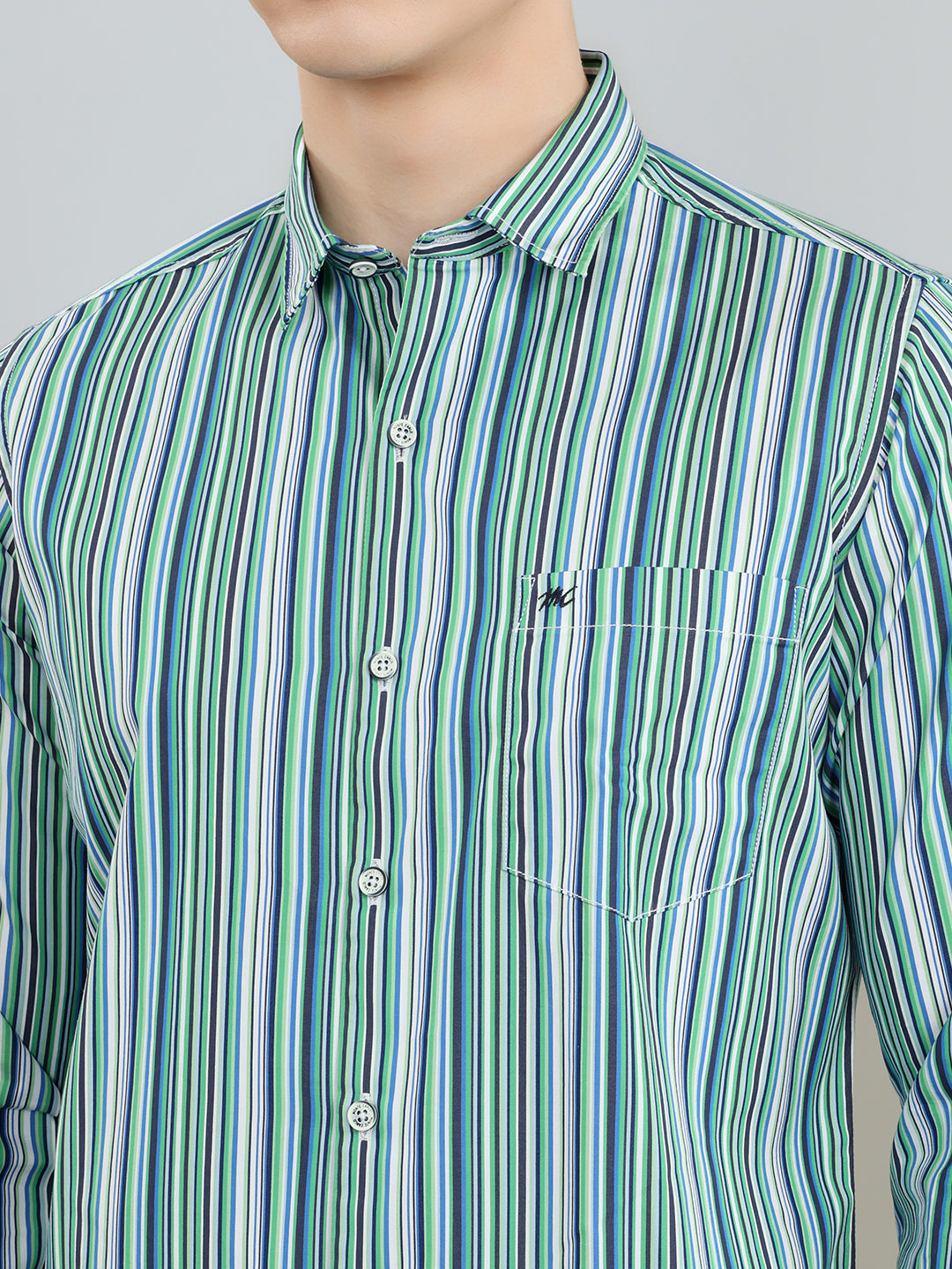 Men Green Stripe Collar Full Sleeve Shirt