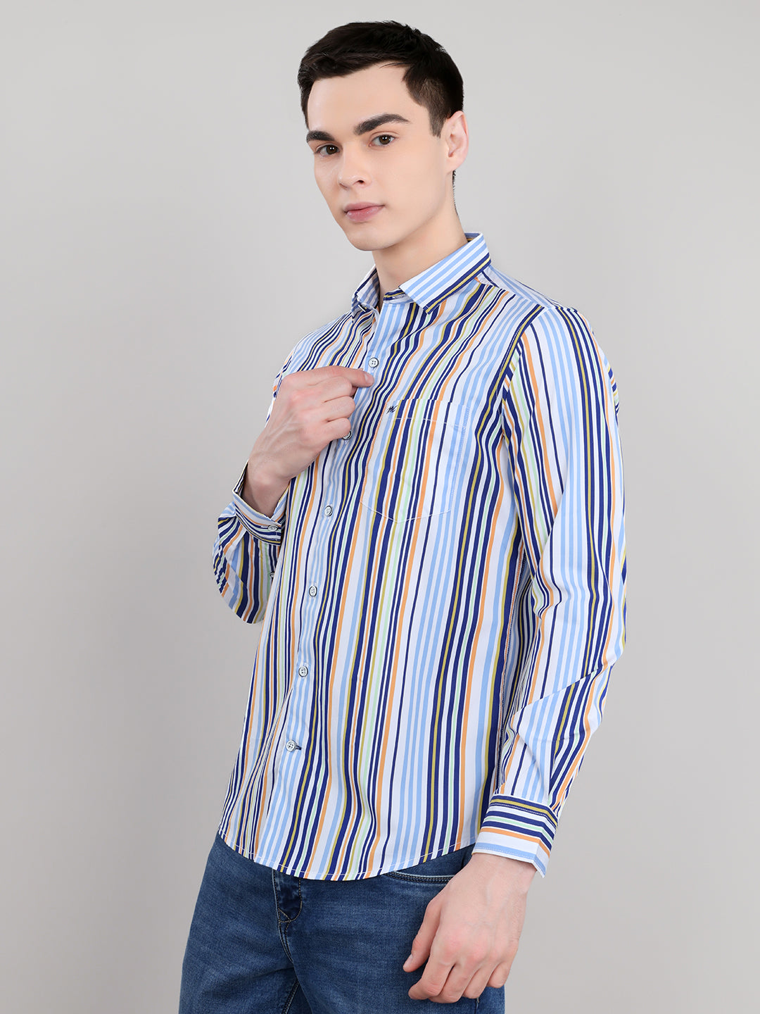 Men Blue Stripe Collar Full Sleeve Shirt