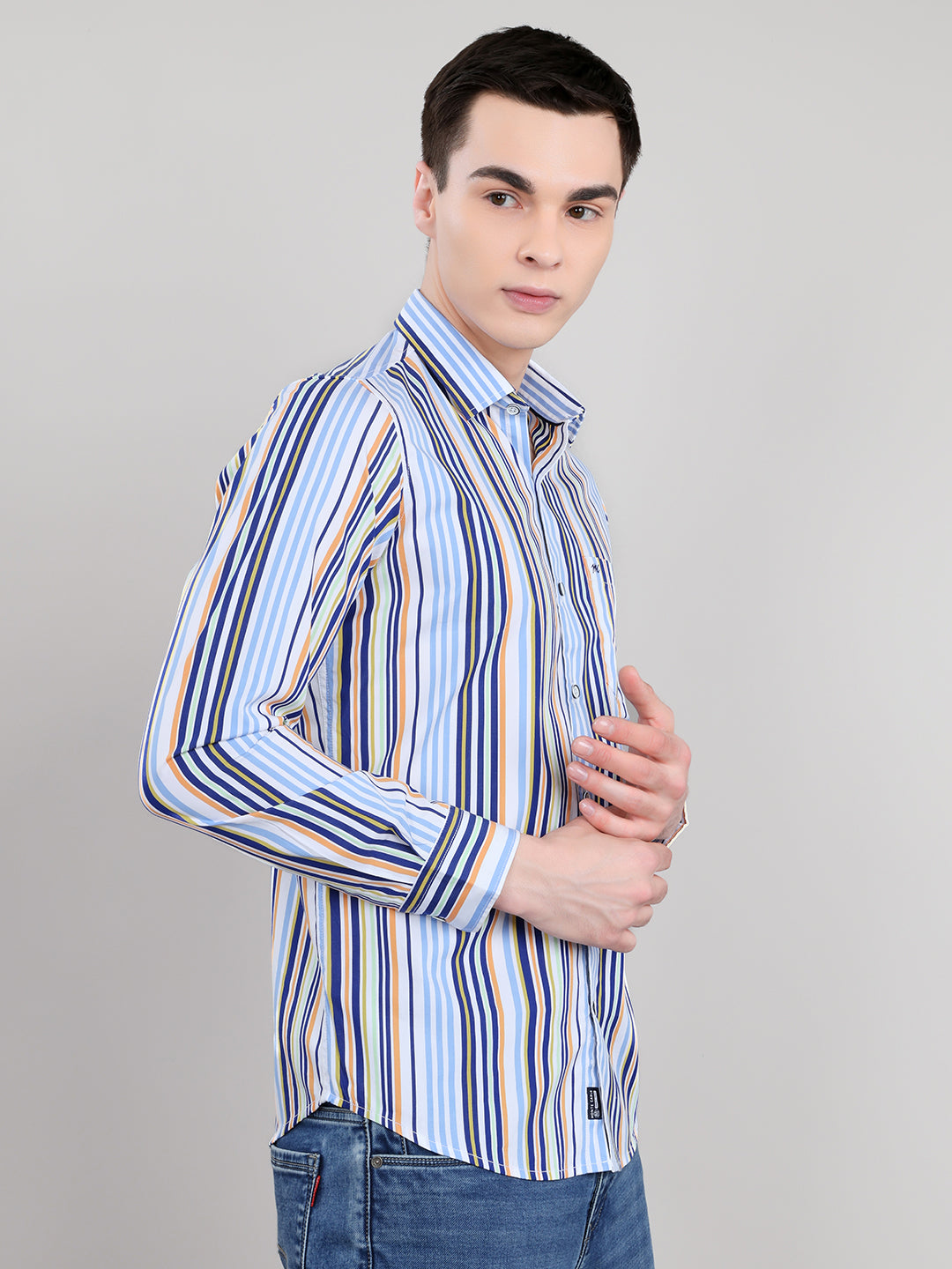 Men Blue Stripe Collar Full Sleeve Shirt