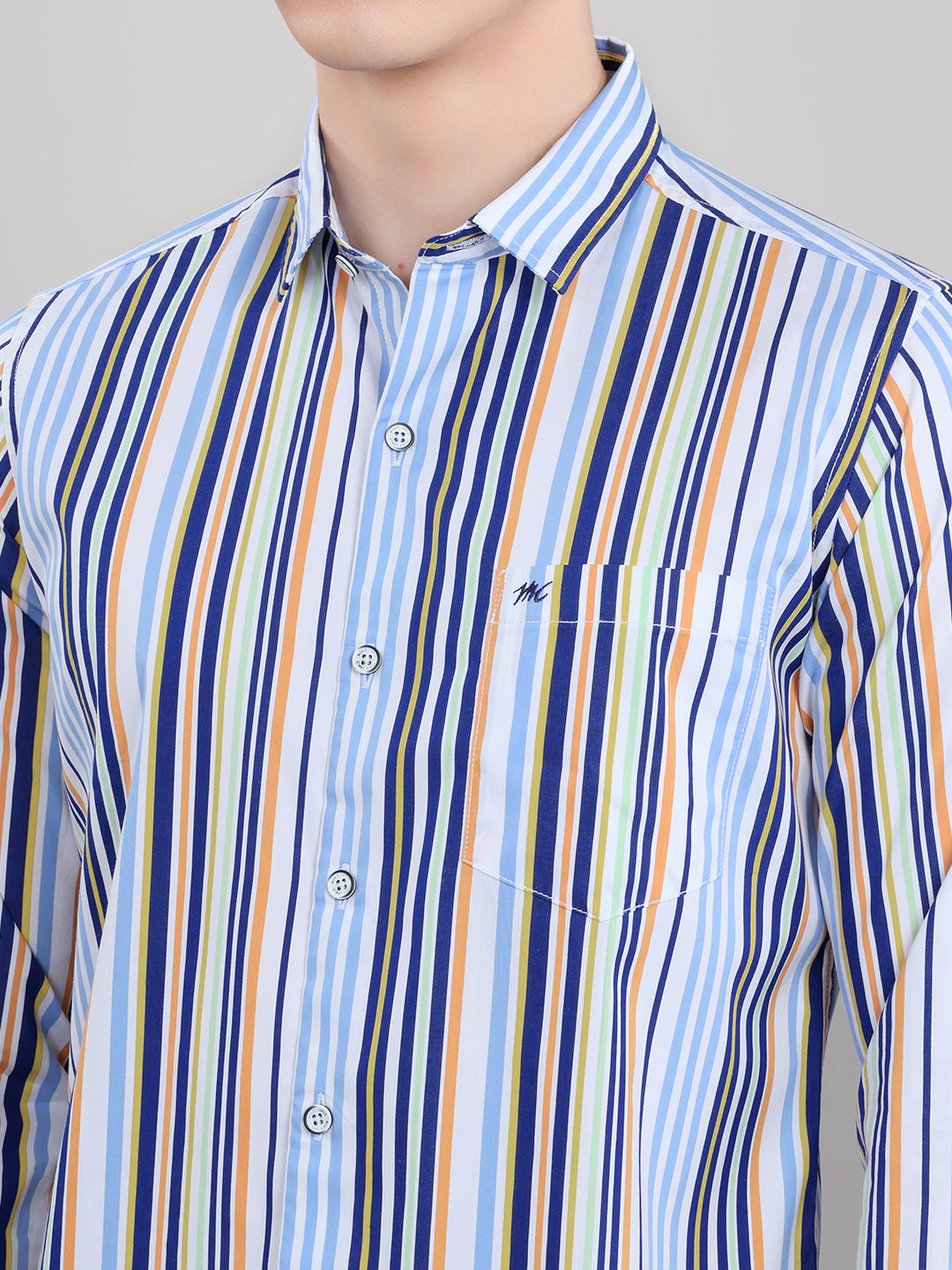 Men Blue Stripe Collar Full Sleeve Shirt