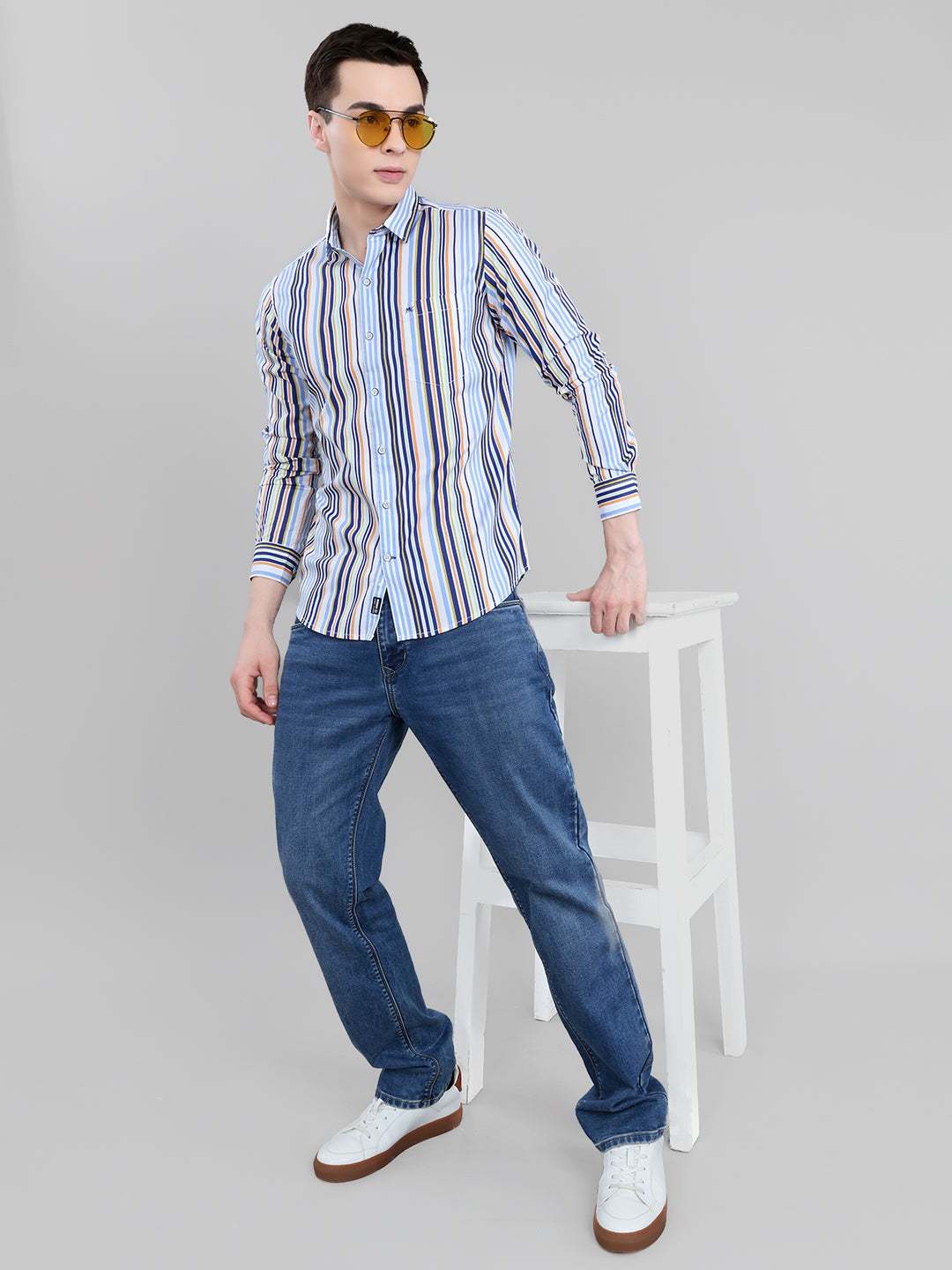 Men Blue Stripe Collar Full Sleeve Shirt