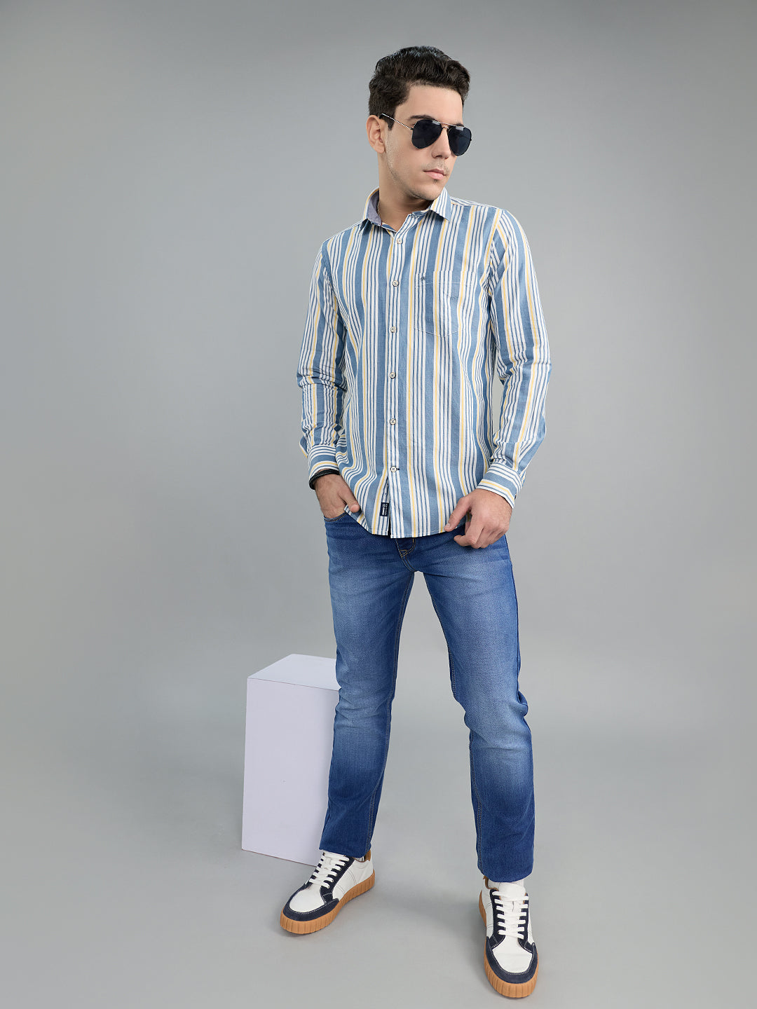 Men Grey Stripe Collar Full Sleeve Shirt