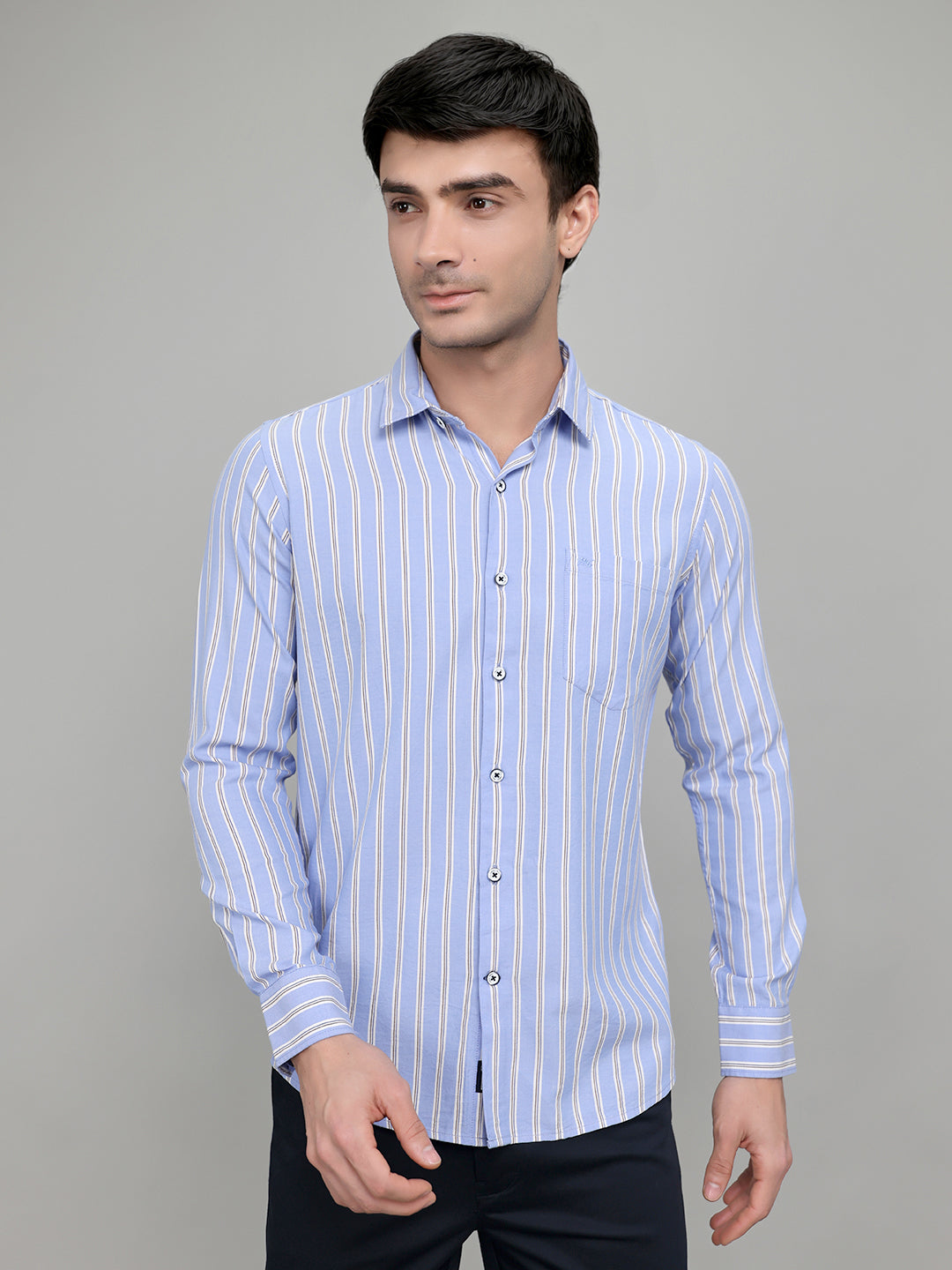 Men Blue Stripe Collar Full Sleeve Shirt