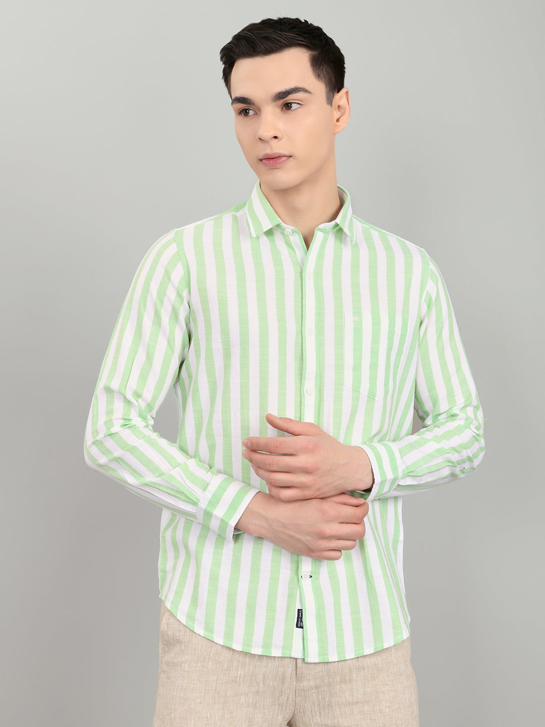 Men Green Stripe Collar Full Sleeve Shirt