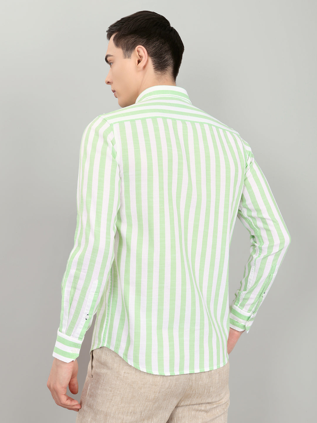 Men Green Stripe Collar Full Sleeve Shirt
