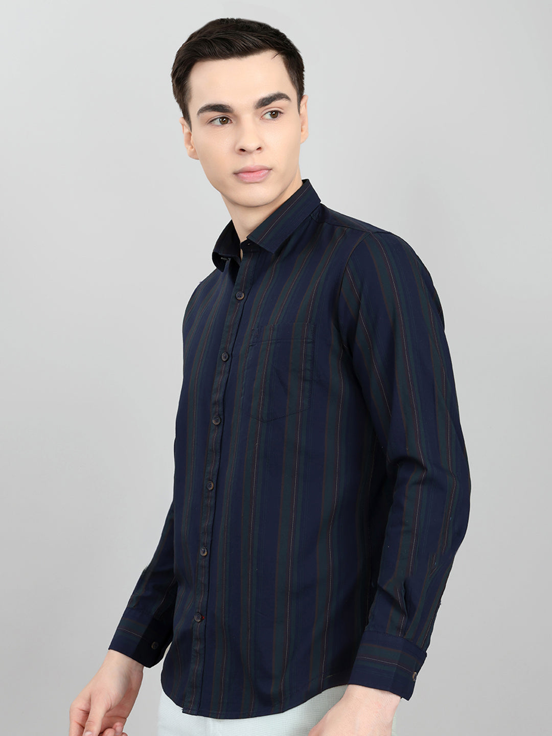 Men Navy Blue Stripe Collar Full Sleeve Shirt