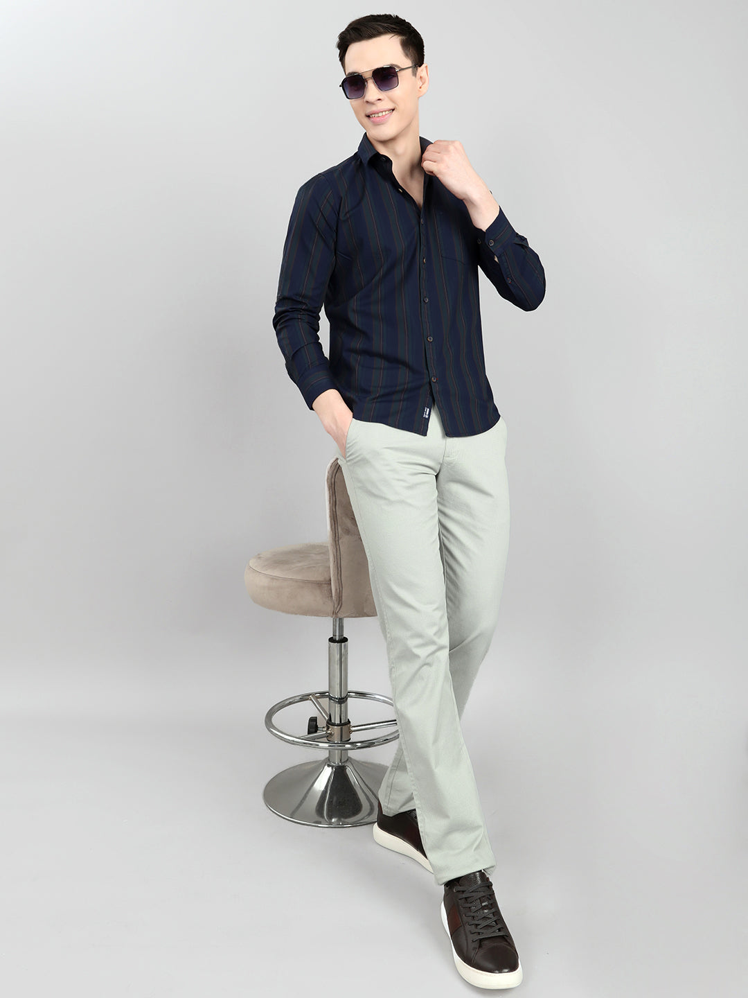 Men Navy Blue Stripe Collar Full Sleeve Shirt