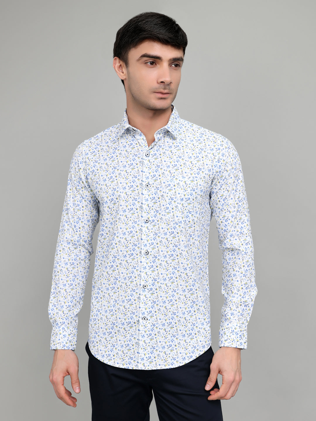 Men White Printed Collar Full Sleeve Shirt