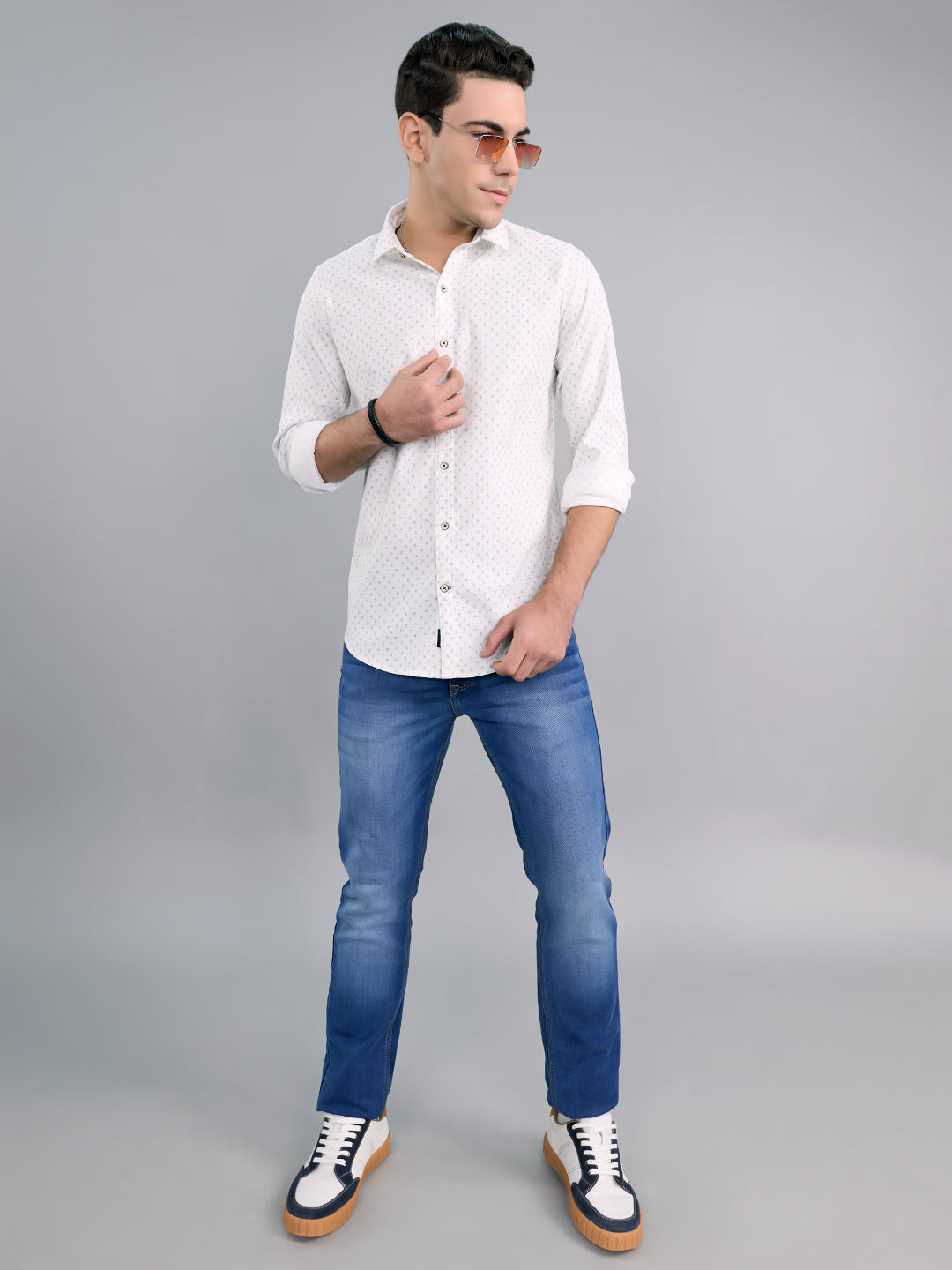 Men White Printed Collar Full Sleeve Shirt