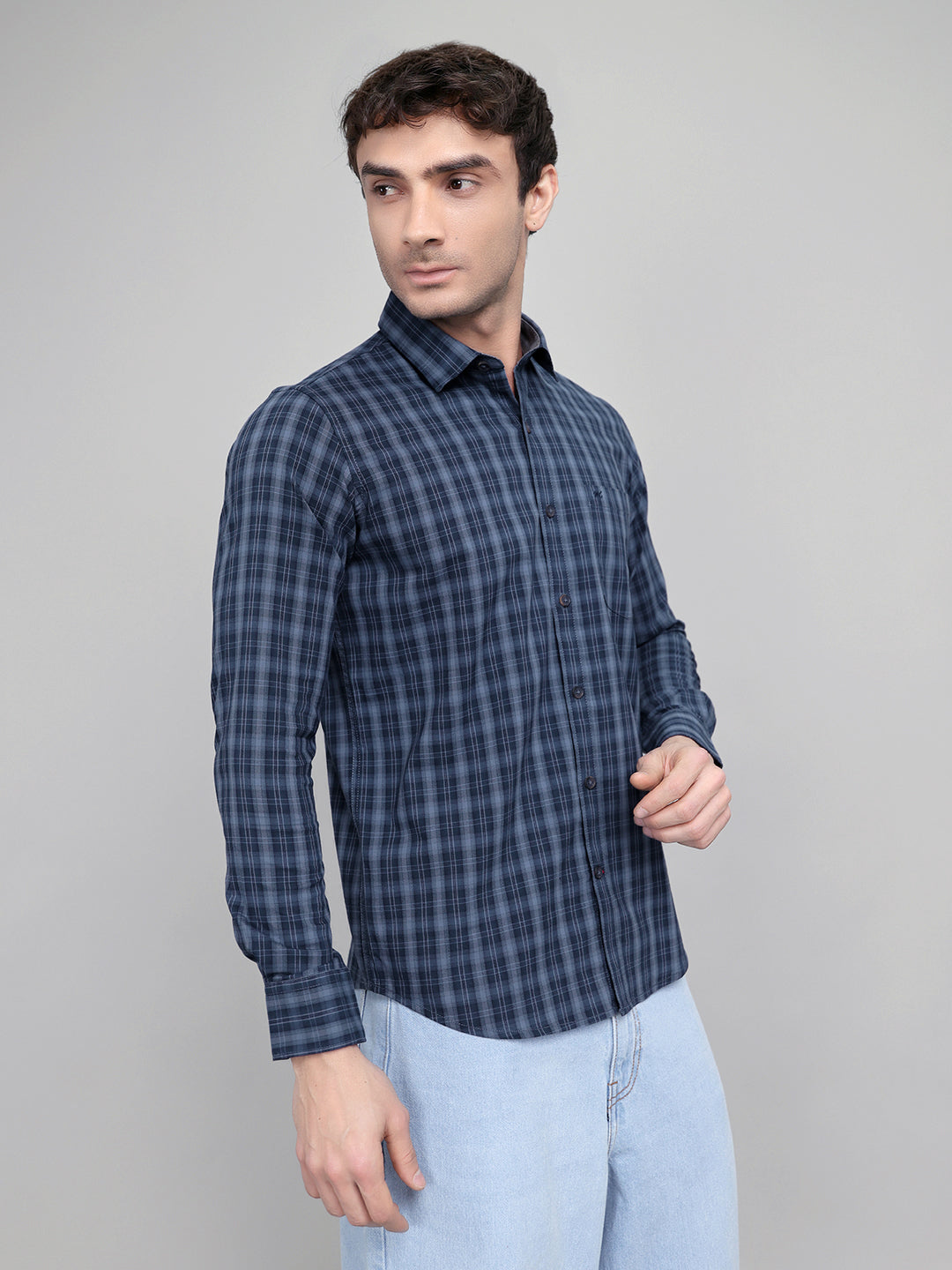 Men Dark Blue Check Collar Full Sleeve Shirt