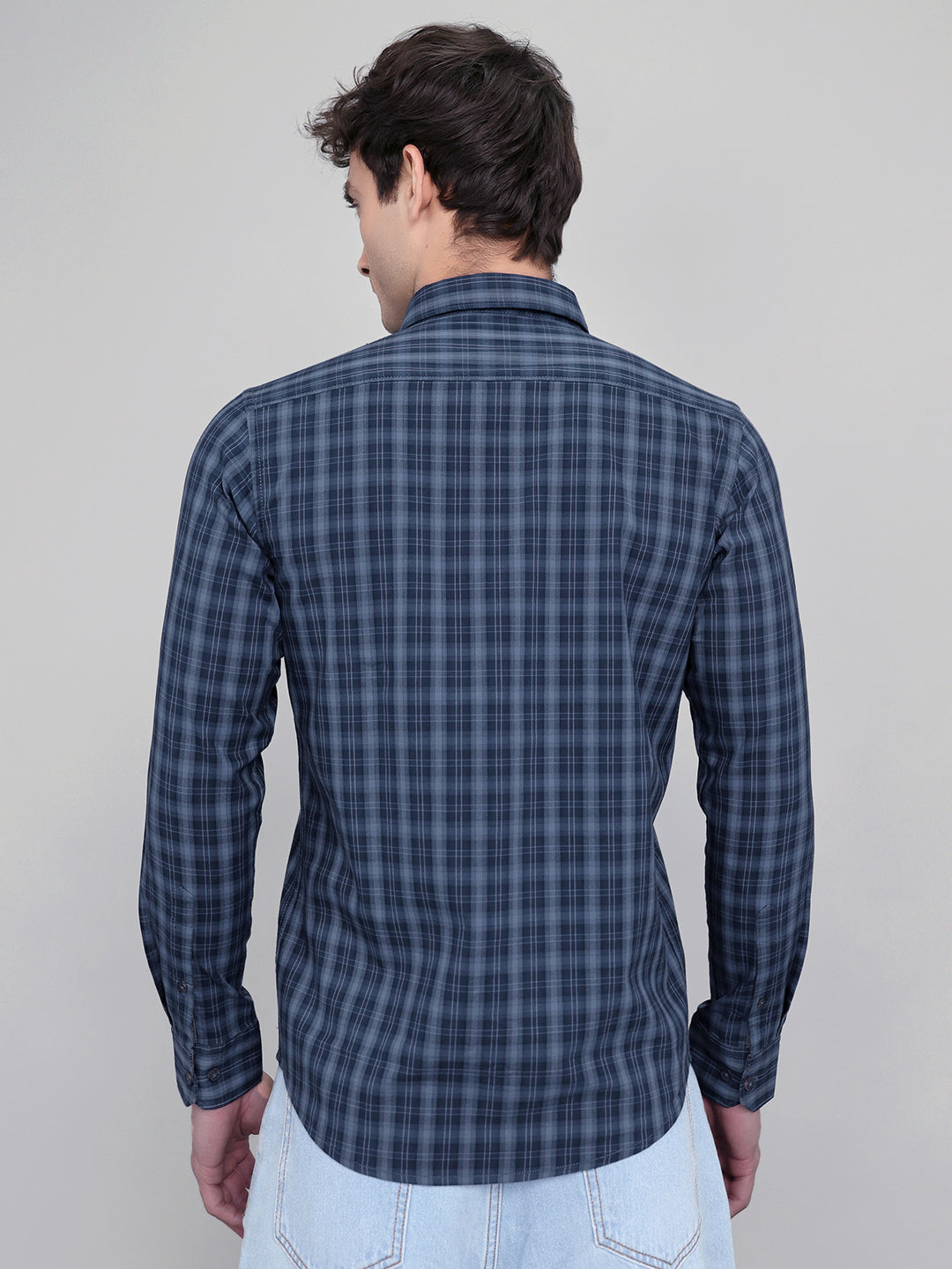 Men Dark Blue Check Collar Full Sleeve Shirt