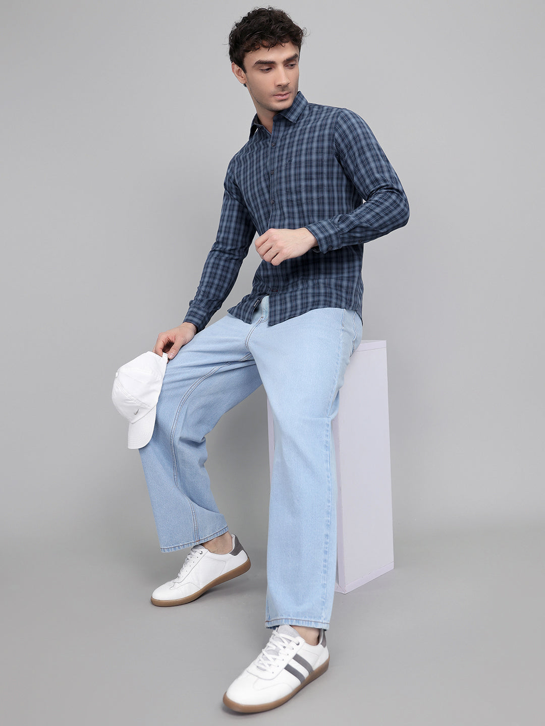 Men Dark Blue Check Collar Full Sleeve Shirt