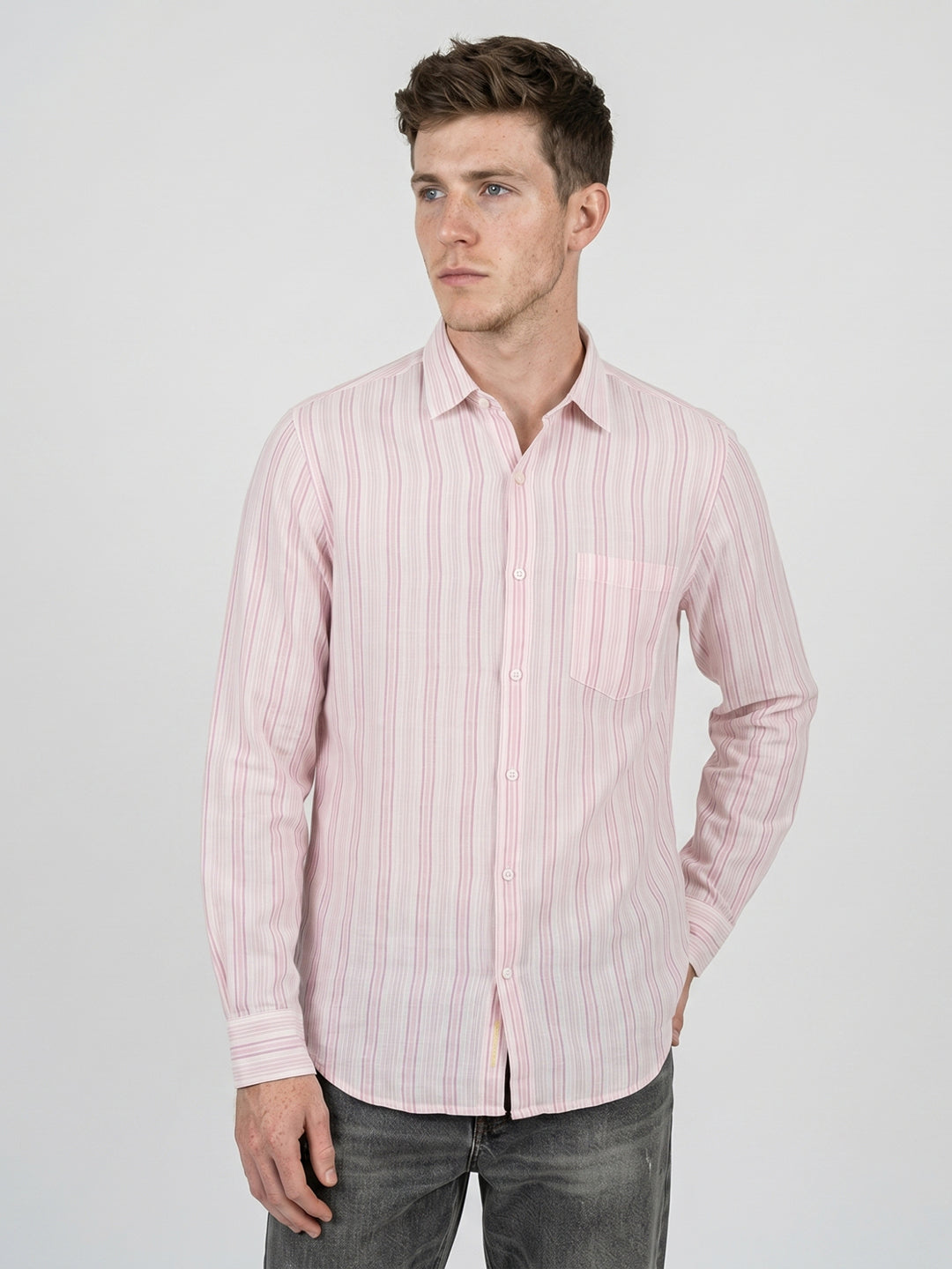 Men Pink Stripe Collar Full Sleeve Shirt