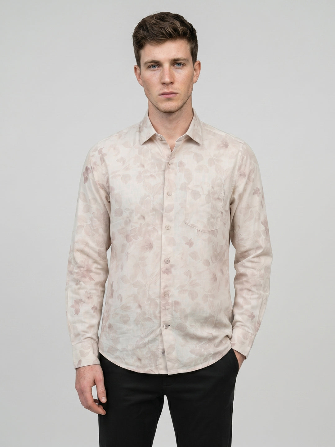 Men Beige Printed Collar Full Sleeve Shirt