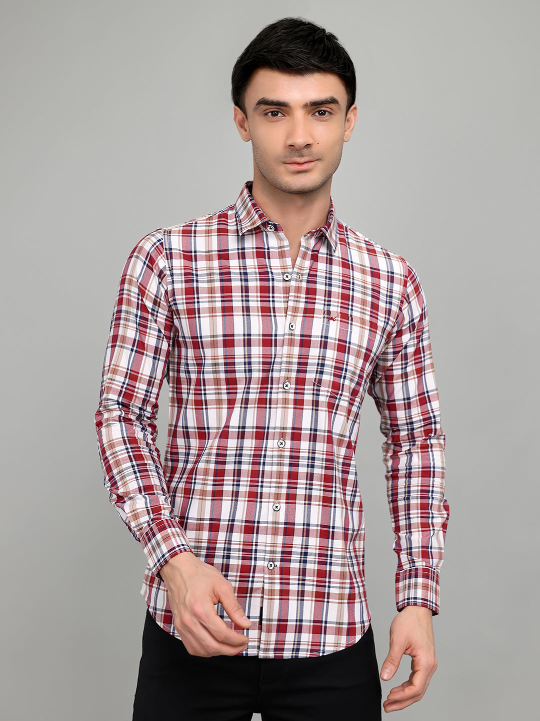 Men Red Check Collar Full Sleeve Shirt
