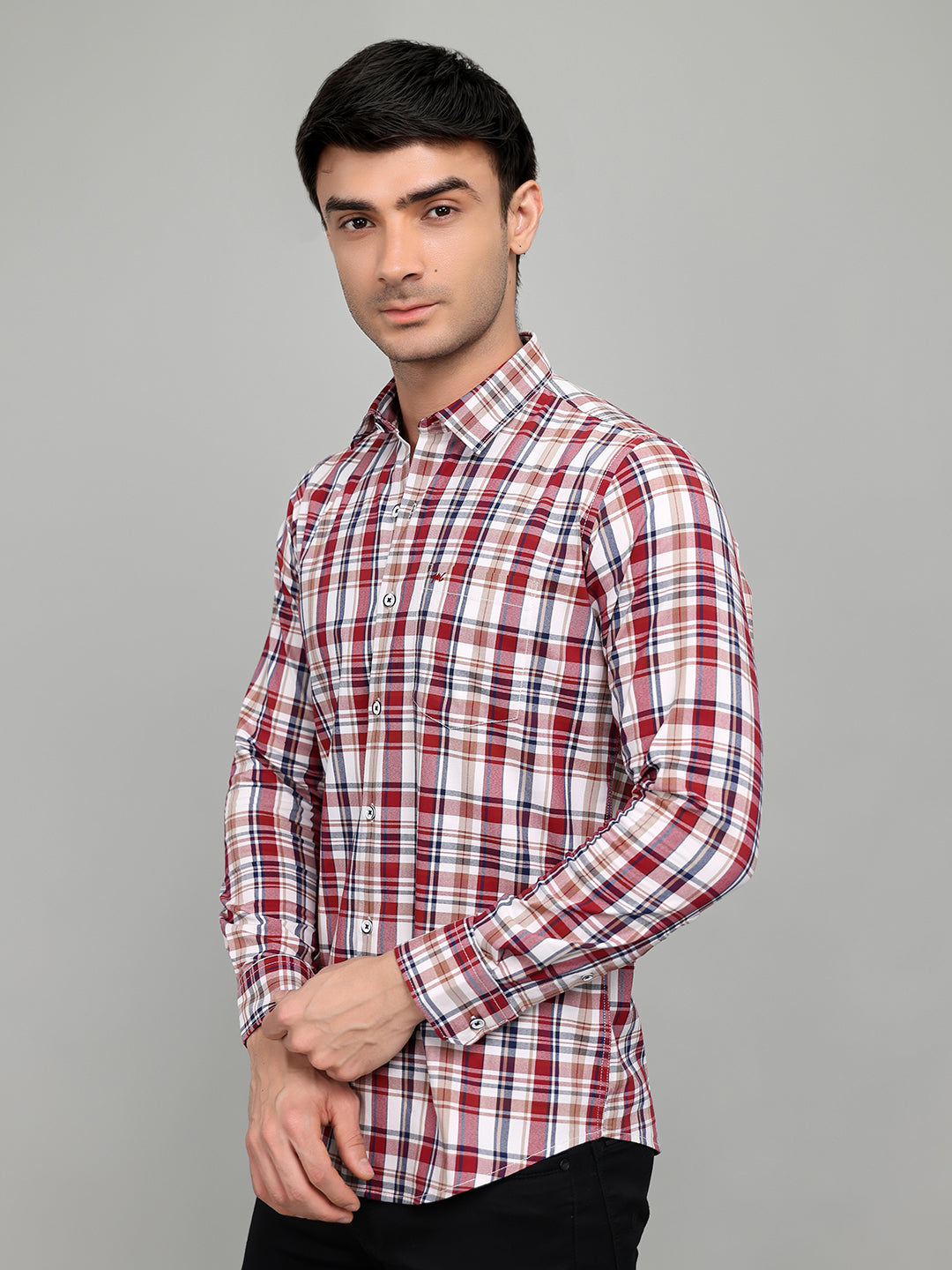 Men Red Check Collar Full Sleeve Shirt