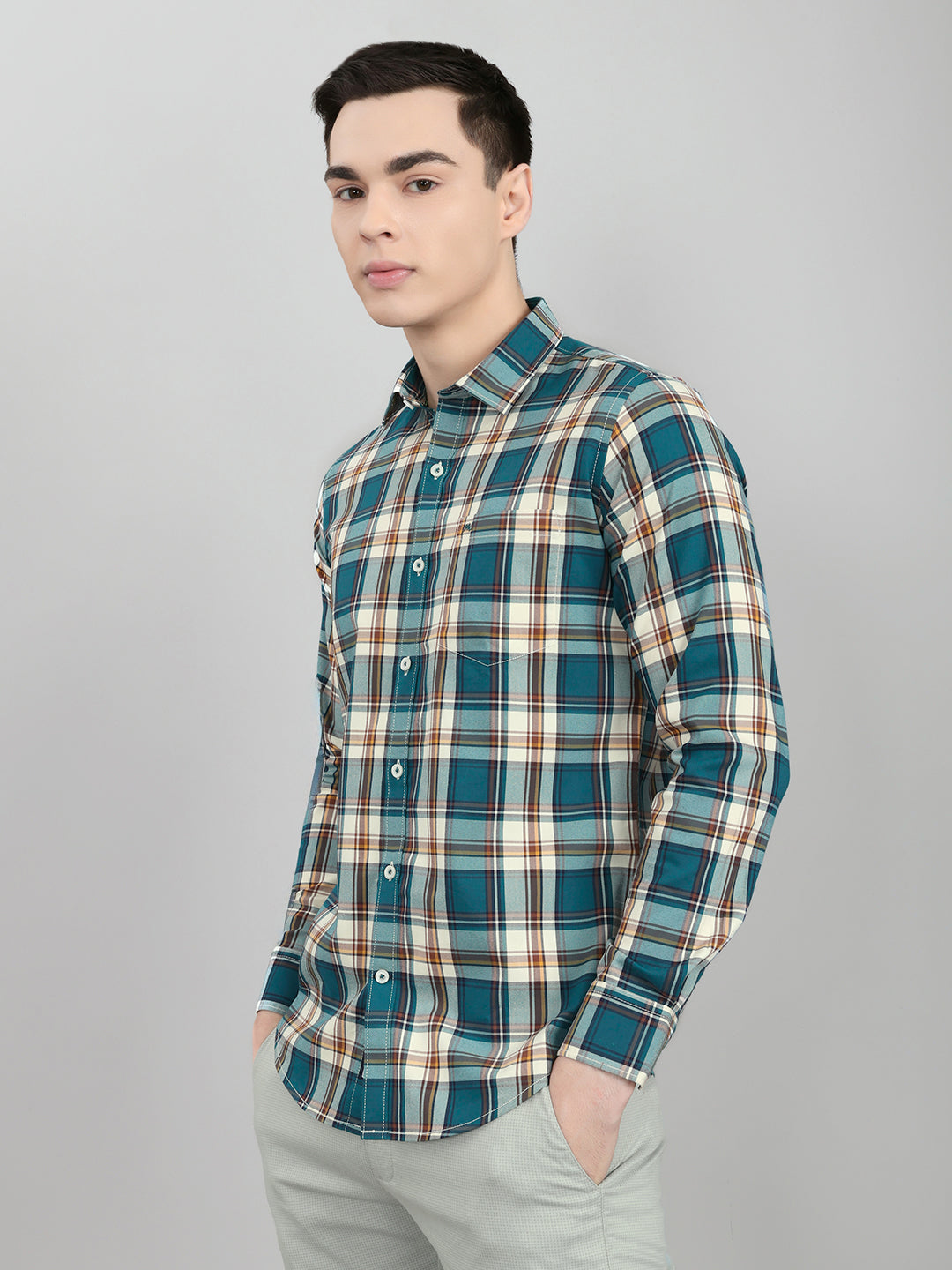 Men Teal Blue Check Collar Full Sleeve Shirt
