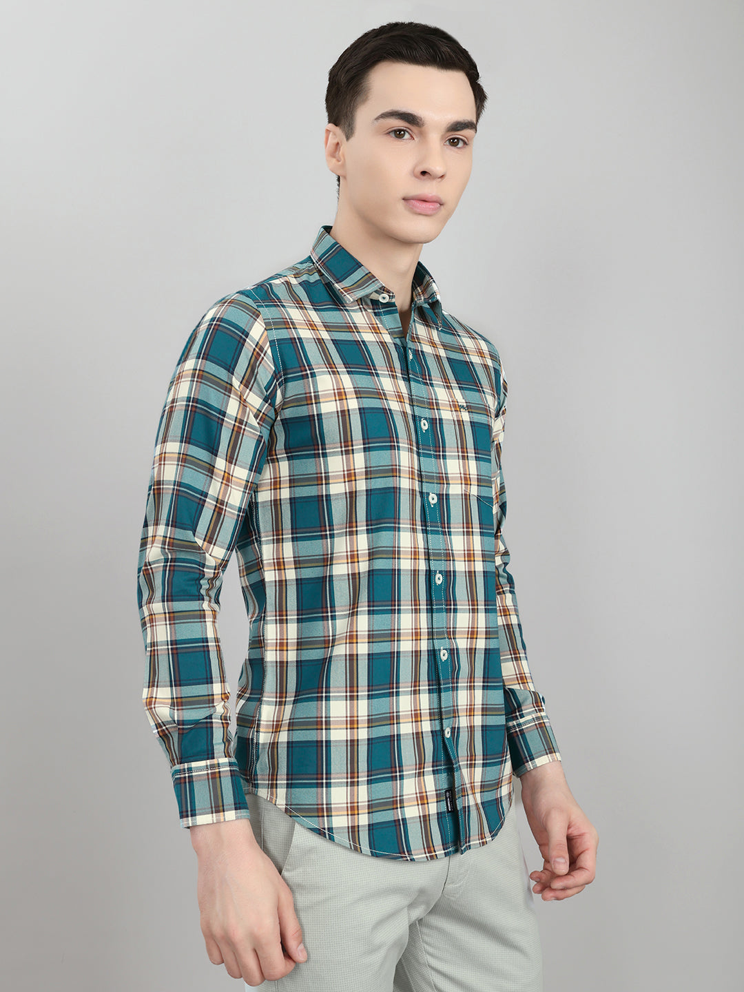 Men Teal Blue Check Collar Full Sleeve Shirt
