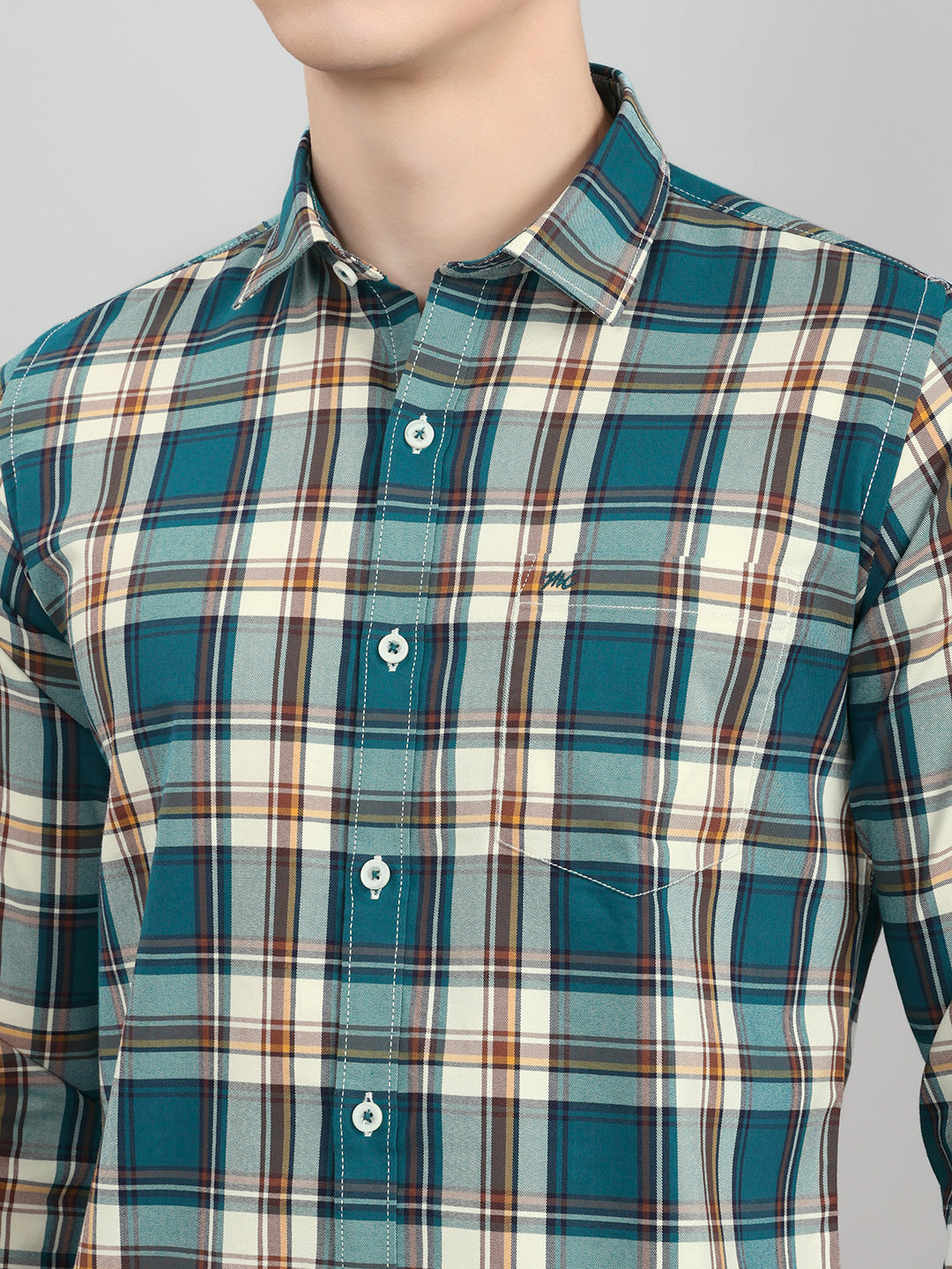 Men Teal Blue Check Collar Full Sleeve Shirt