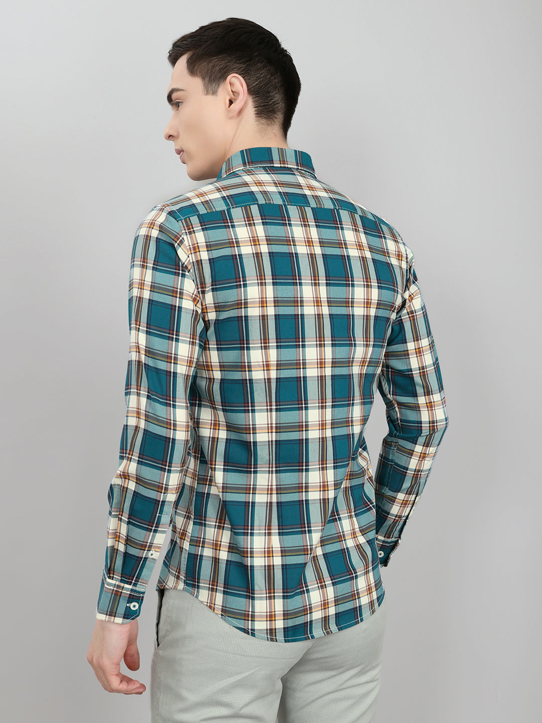 Men Teal Blue Check Collar Full Sleeve Shirt
