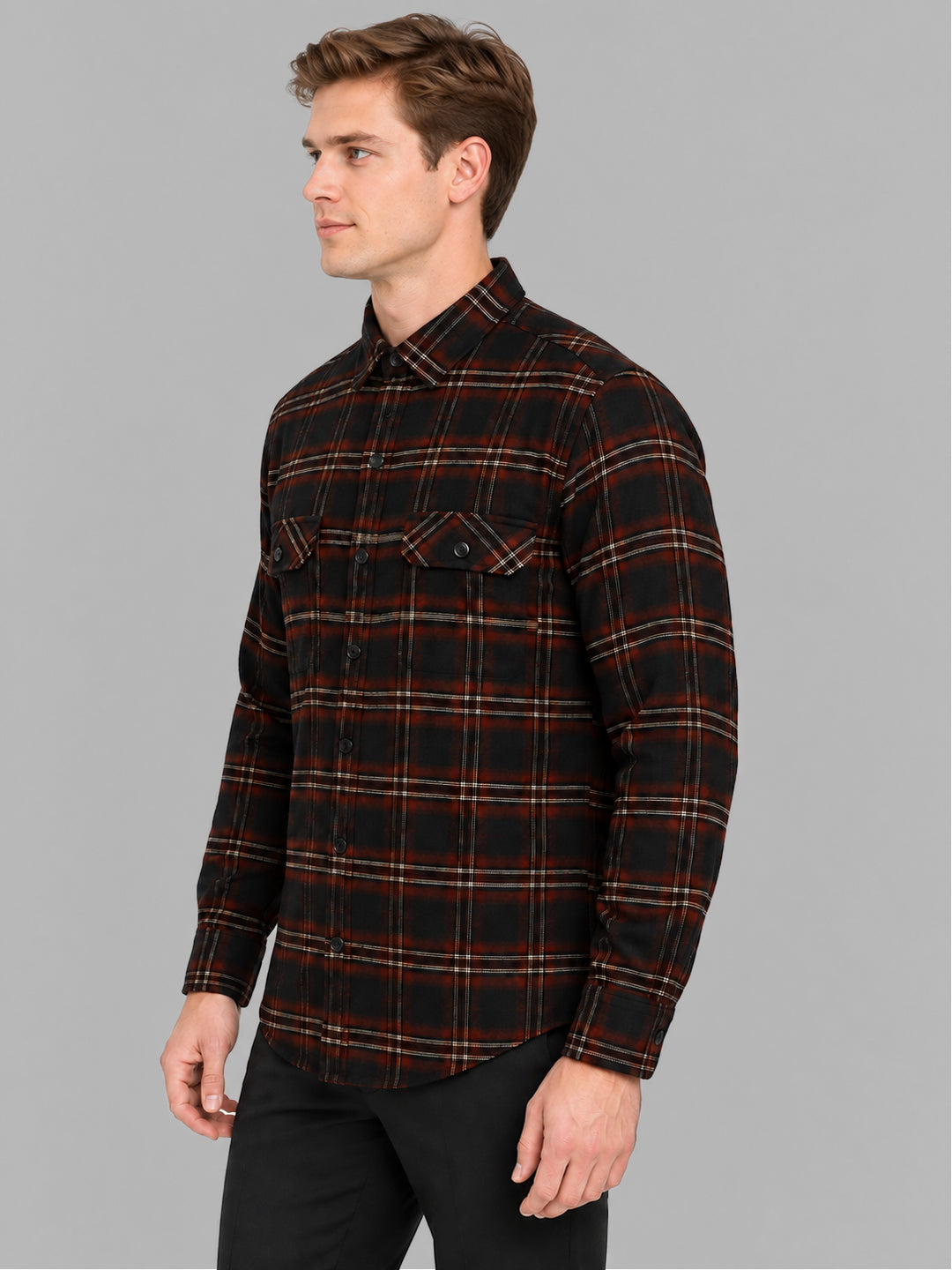 Men Brown Check Collar Full Sleeve Shirt