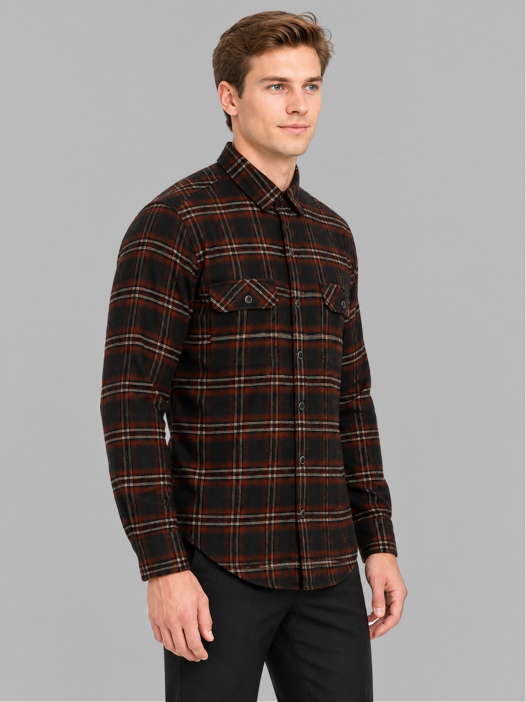 Men Brown Check Collar Full Sleeve Shirt