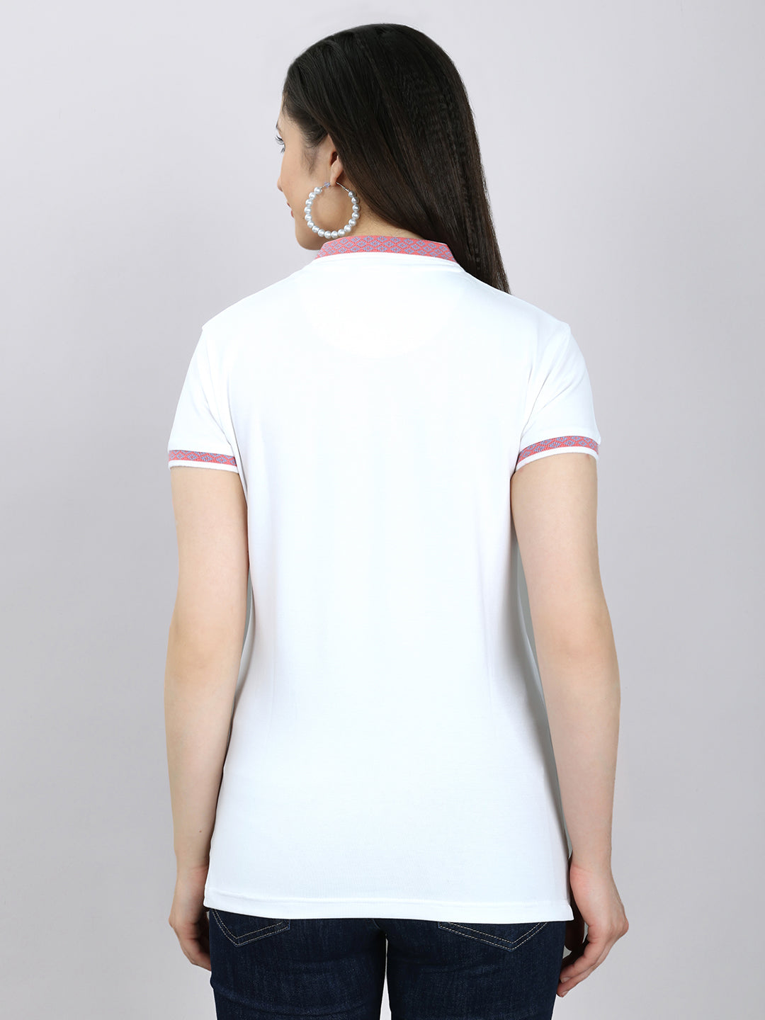Women White Solid Collar Half Sleeve T-Shirt