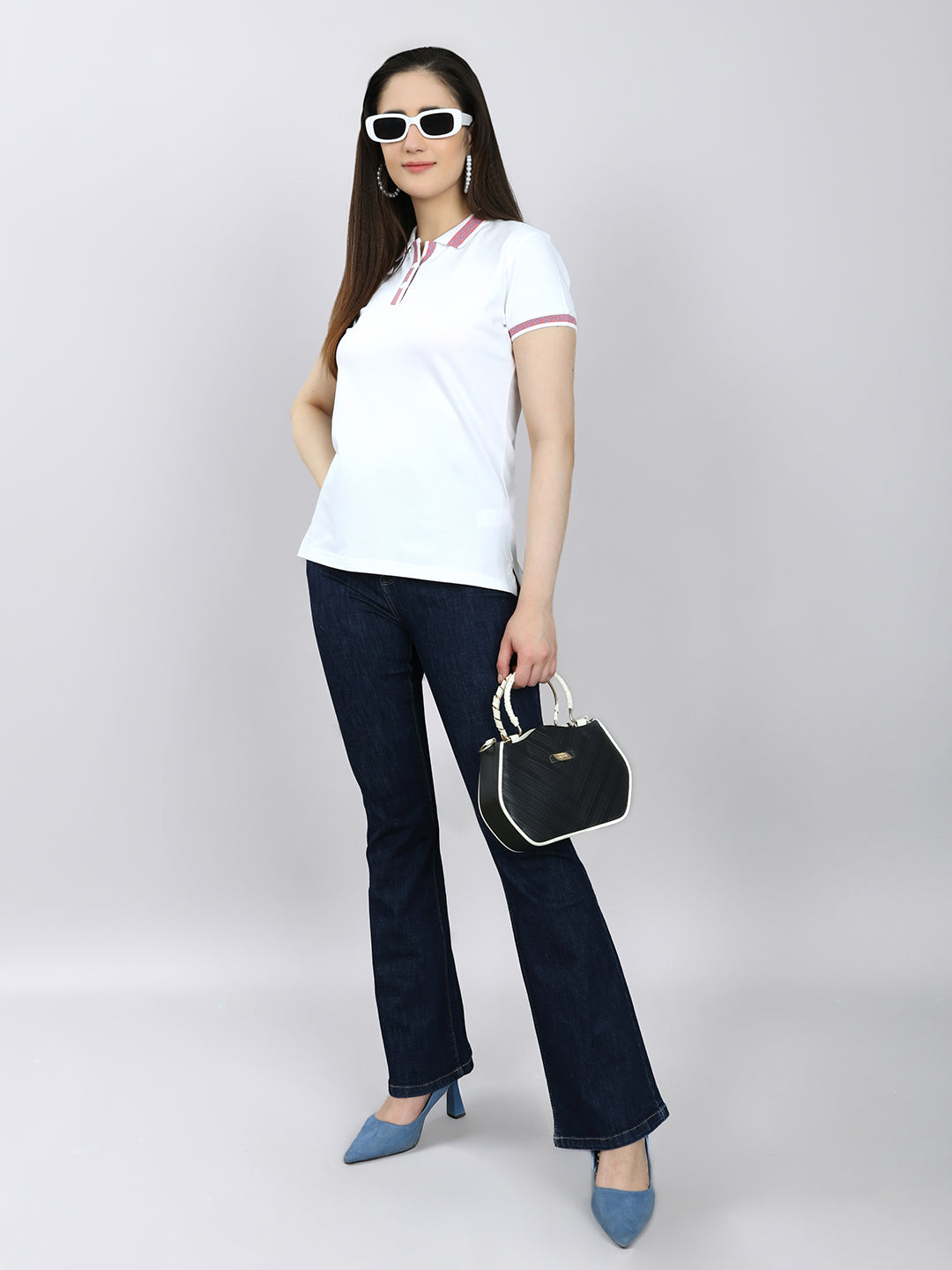 Women White Solid Collar Half Sleeve T-Shirt