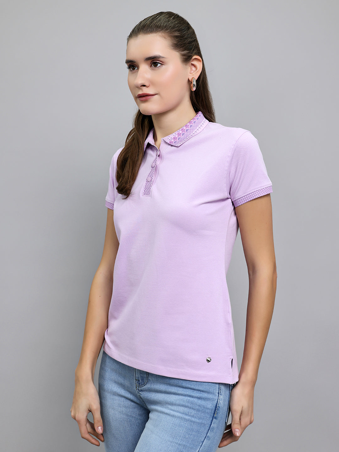 Women Purple Solid Collar Half Sleeve T-Shirt