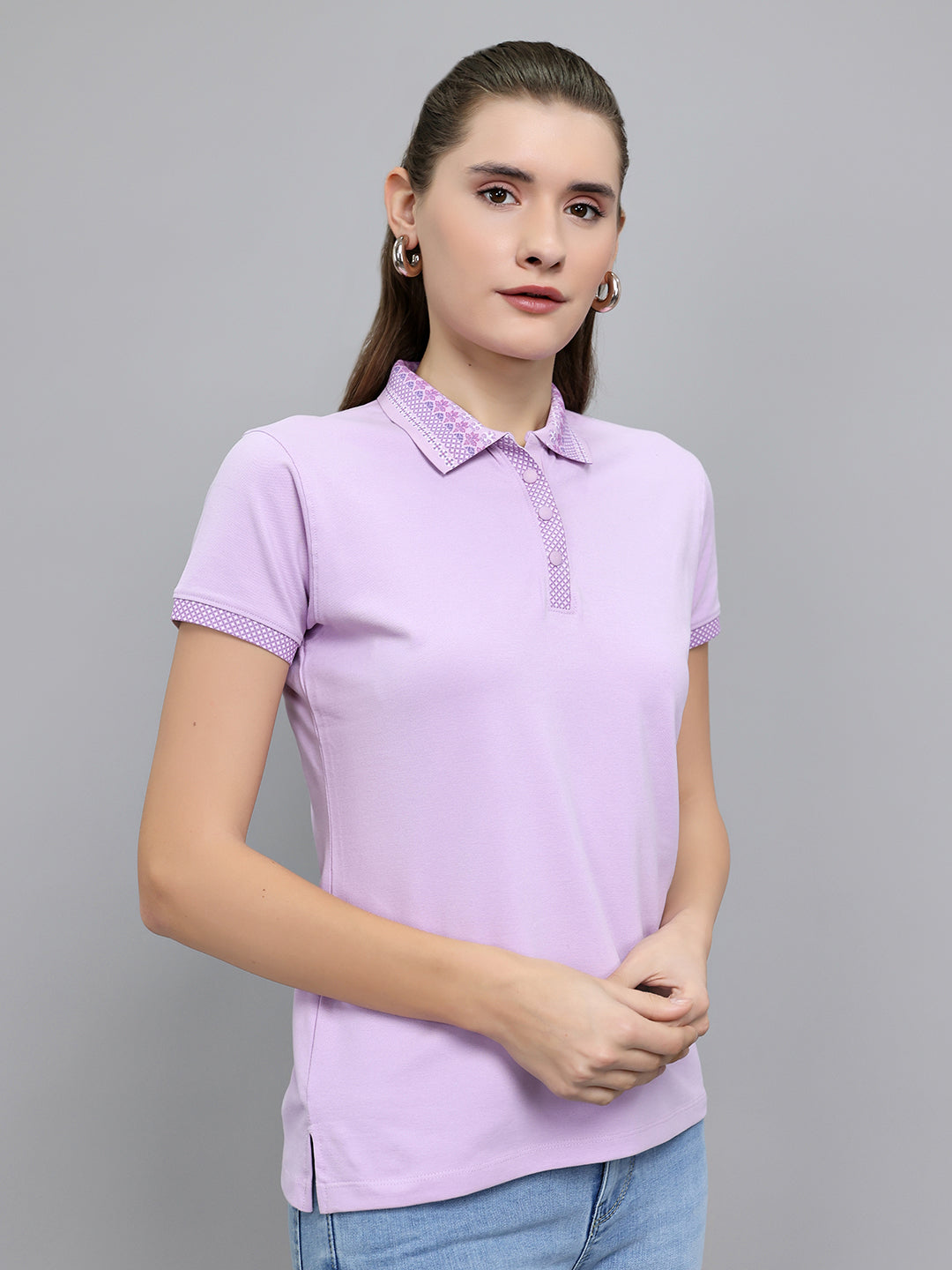 Women Purple Solid Collar Half Sleeve T-Shirt