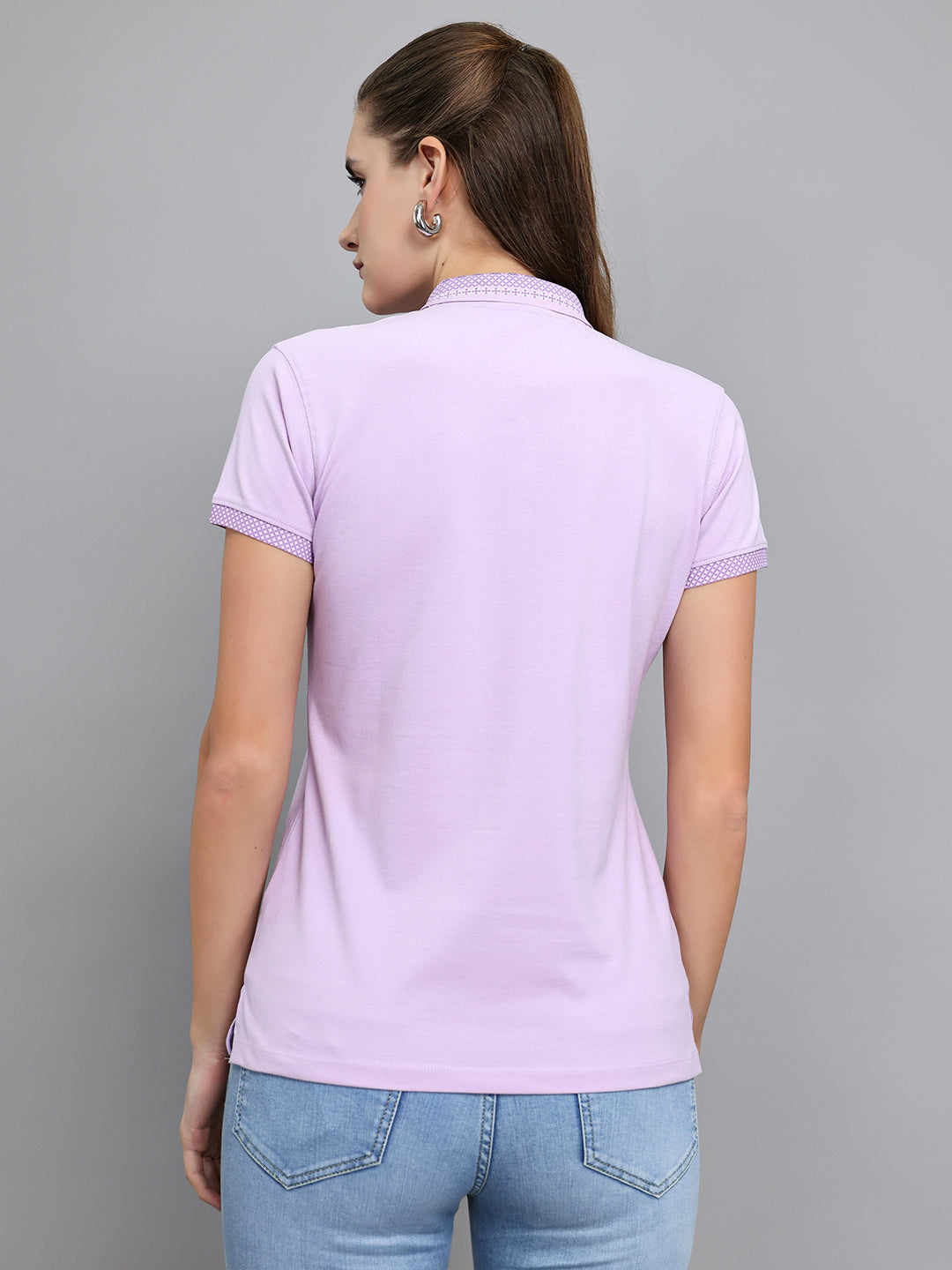Women Purple Solid Collar Half Sleeve T-Shirt