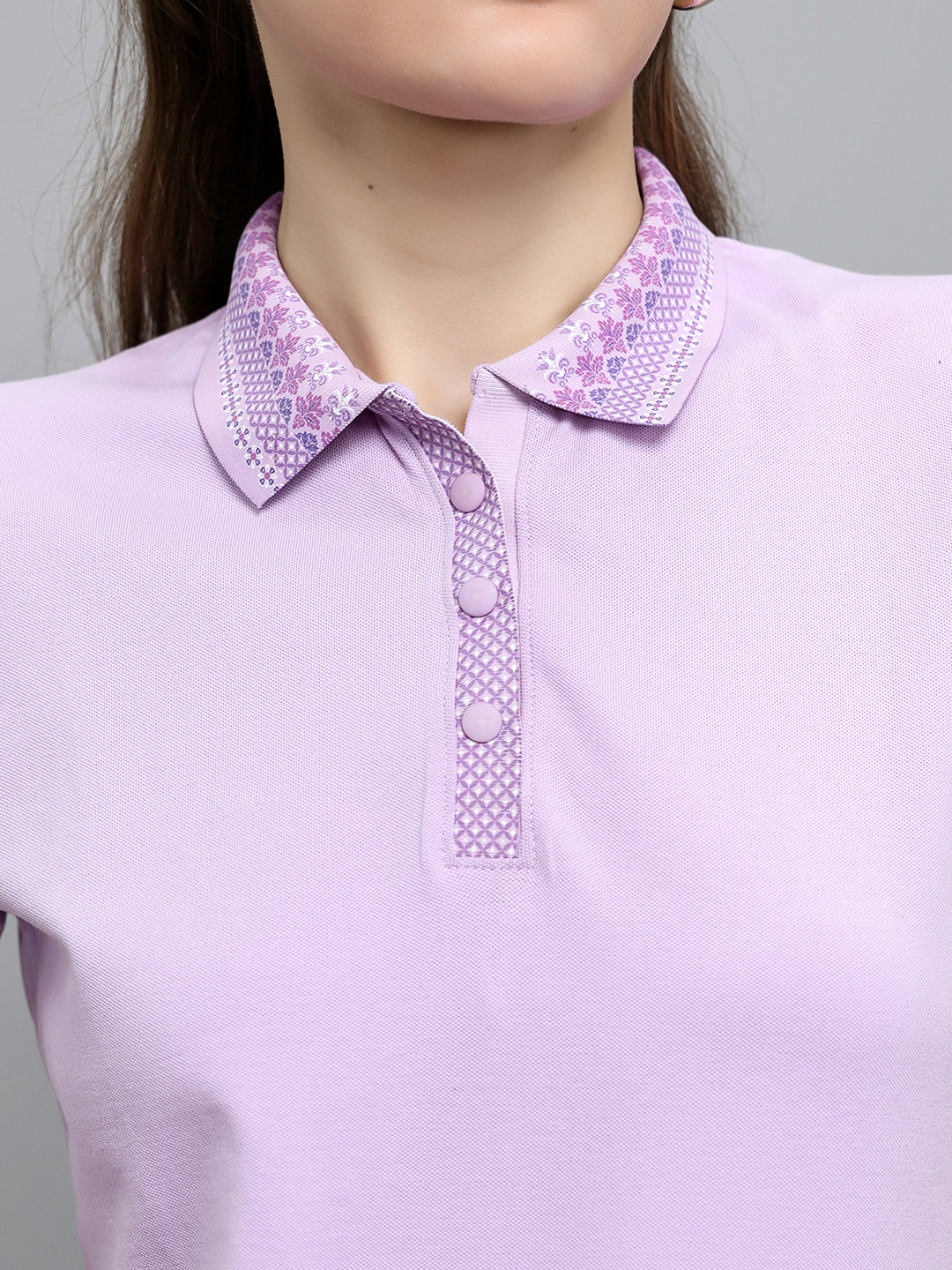 Women Purple Solid Collar Half Sleeve T-Shirt