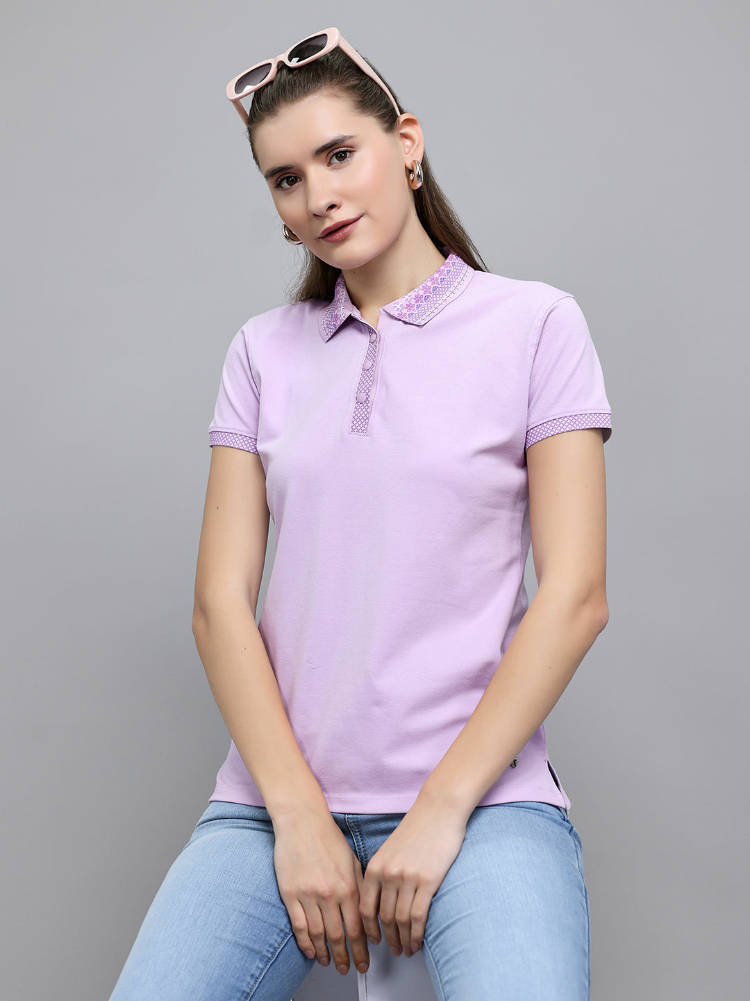 Women Purple Solid Collar Half Sleeve T-Shirt
