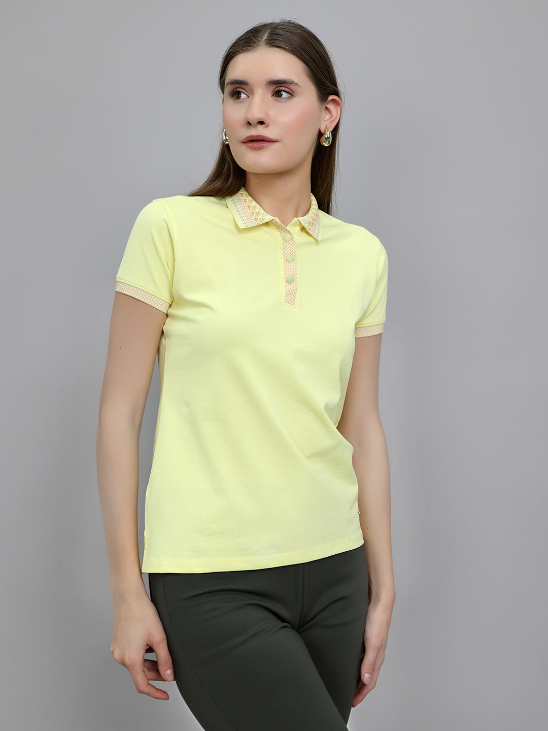 Women Yellow Solid Collar Half Sleeve T-Shirt