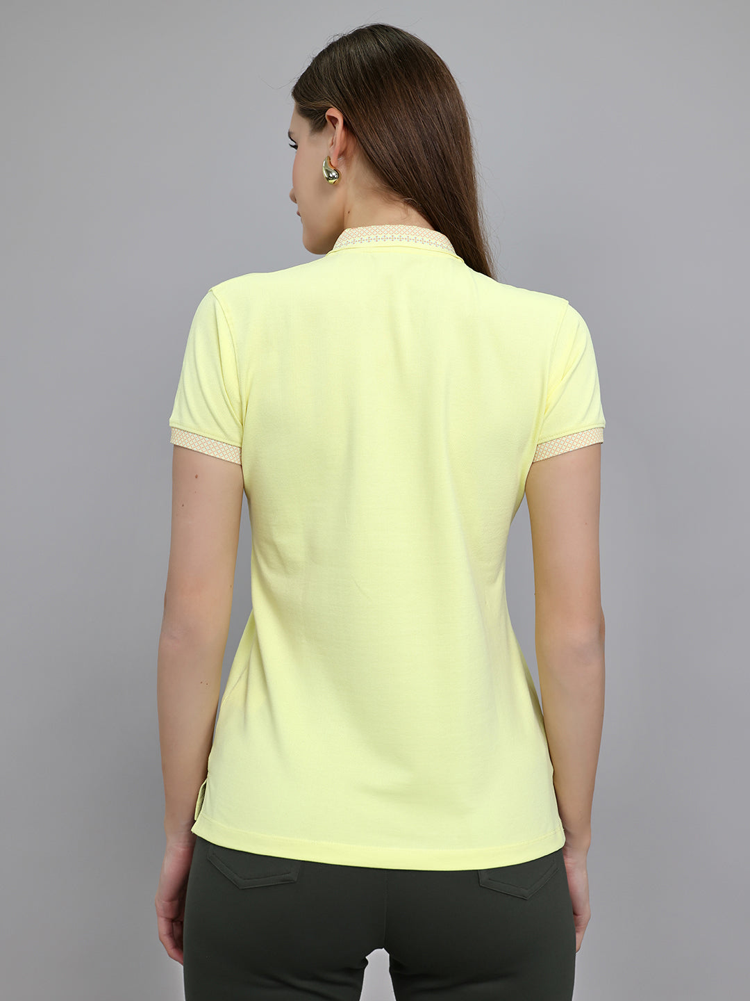 Women Yellow Solid Collar Half Sleeve T-Shirt