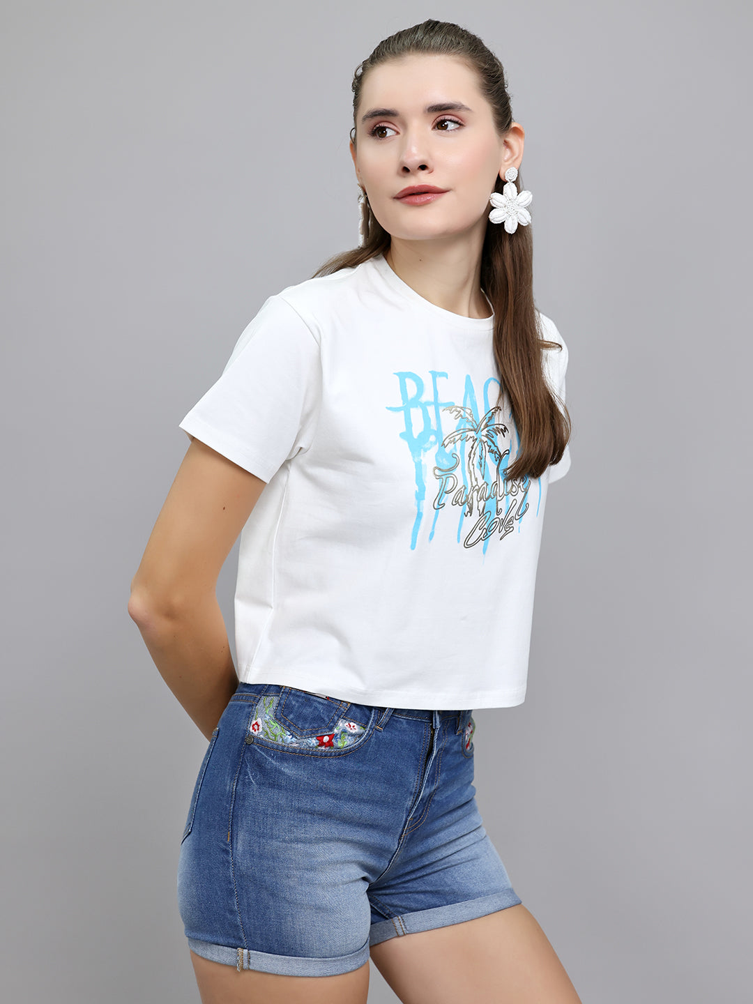 Women Off White Typographic Round Neck Half Sleeve Top
