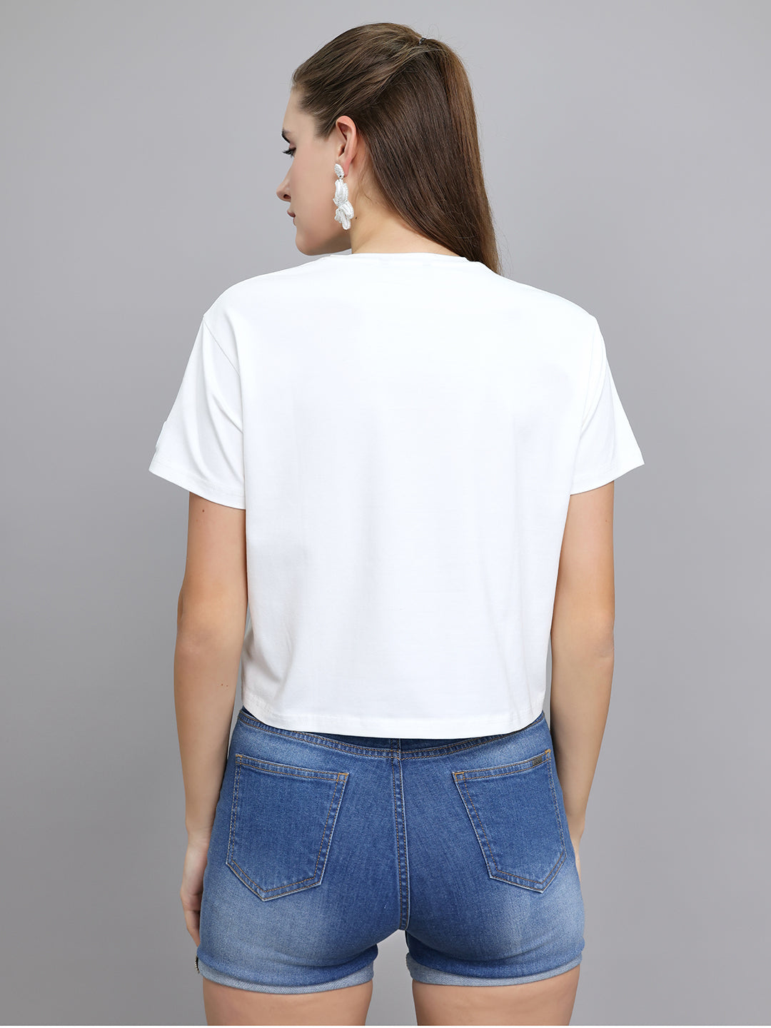 Women Off White Typographic Round Neck Half Sleeve Top