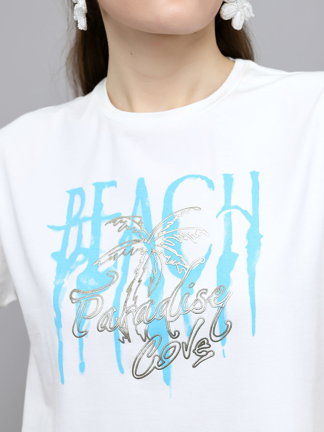 Women Off White Typographic Round Neck Half Sleeve Top