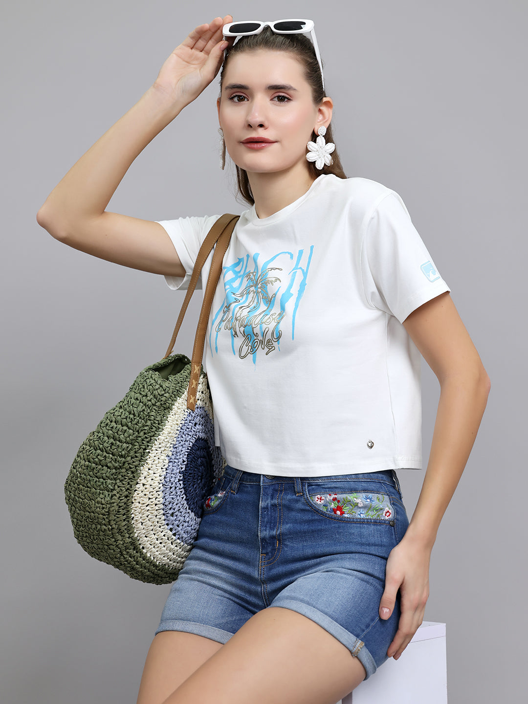 Women Off White Typographic Round Neck Half Sleeve Top
