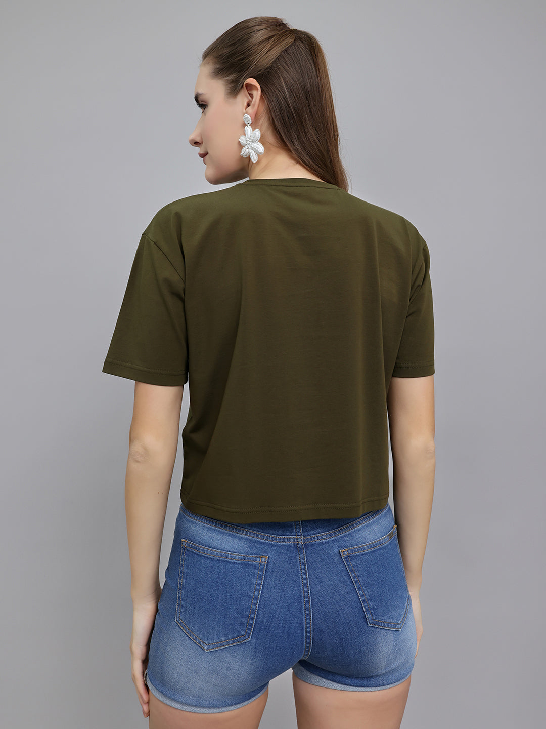 Women Olive Printed Round Neck Half Sleeve Top