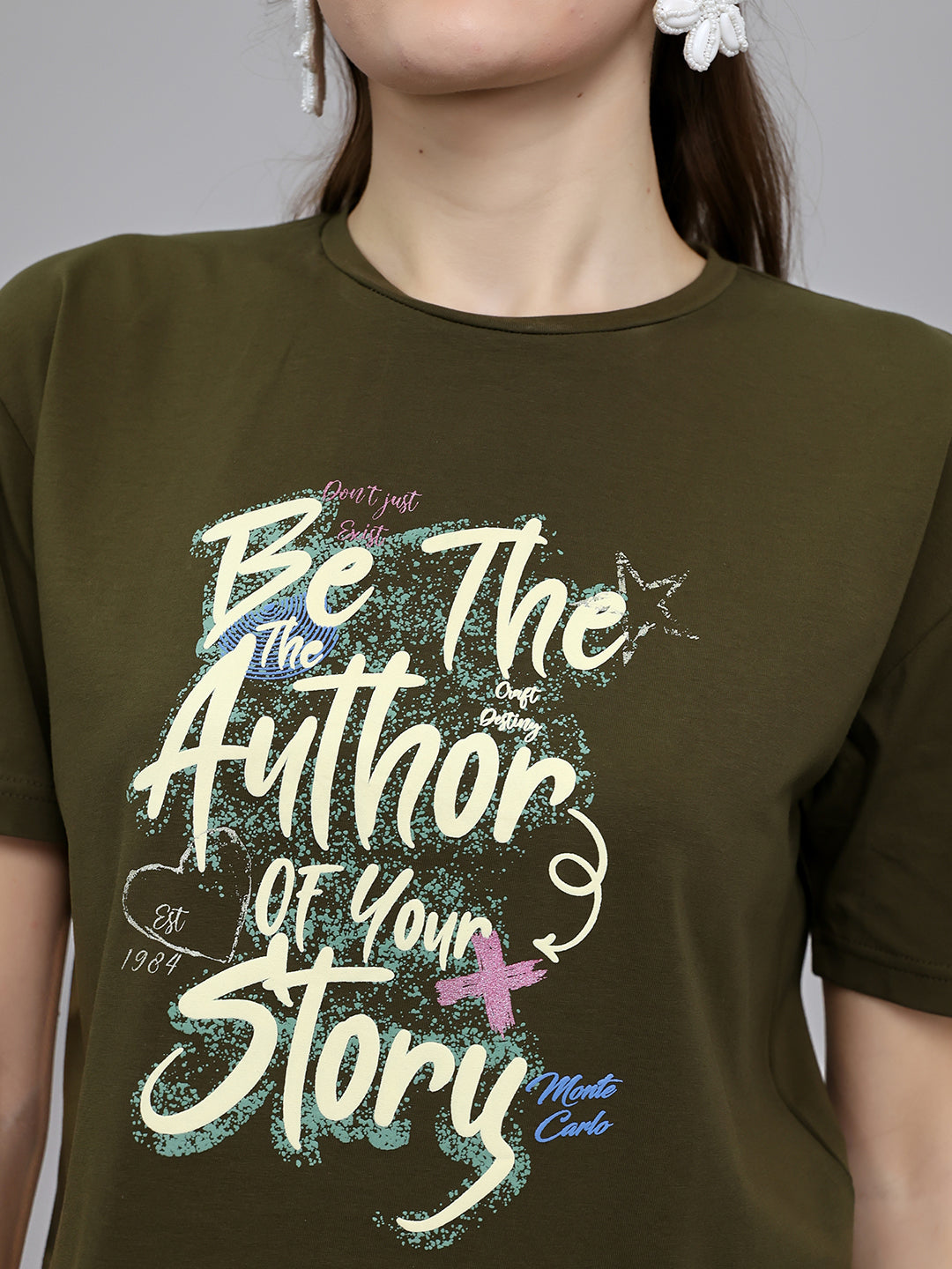 Women Olive Printed Round Neck Half Sleeve Top