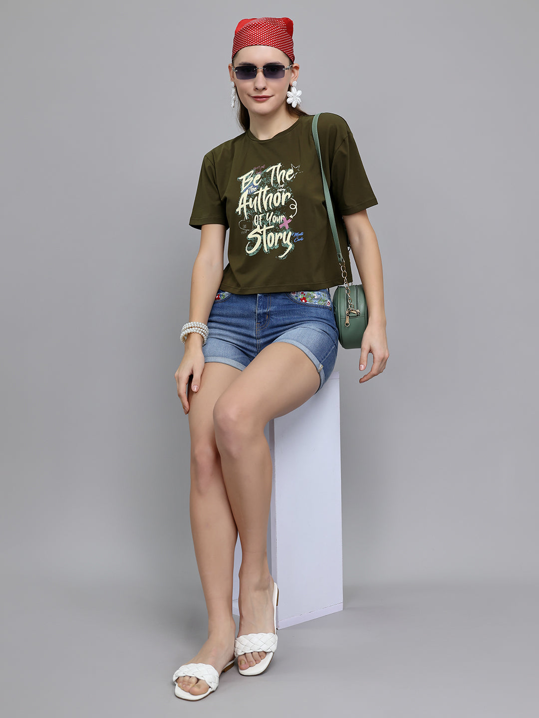 Women Olive Printed Round Neck Half Sleeve Top