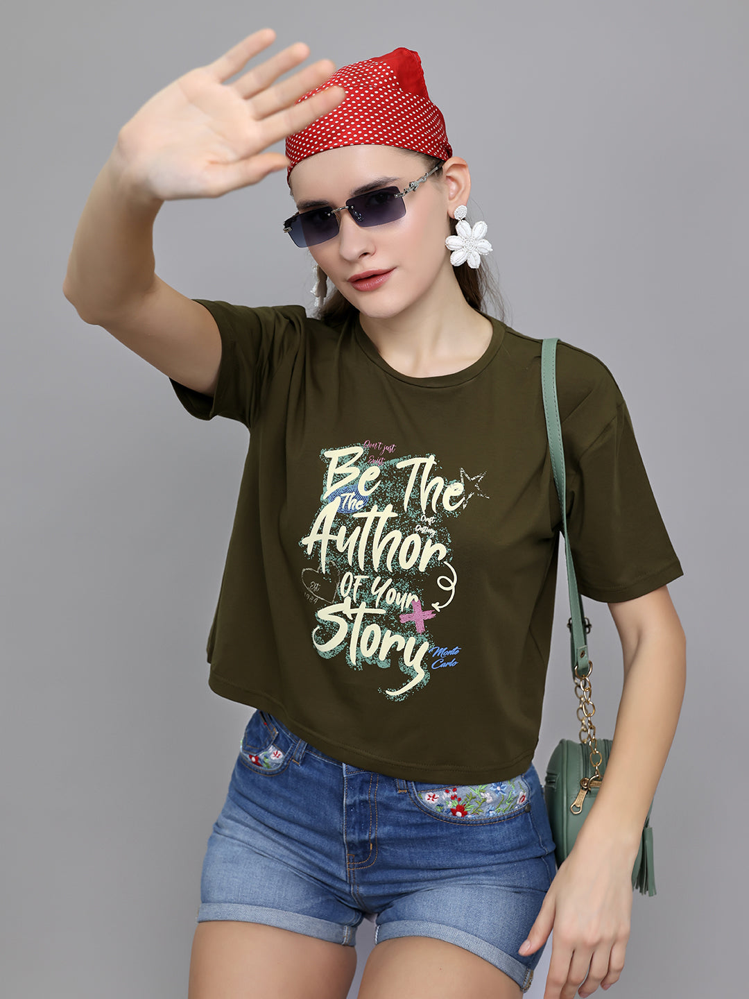 Women Olive Printed Round Neck Half Sleeve Top
