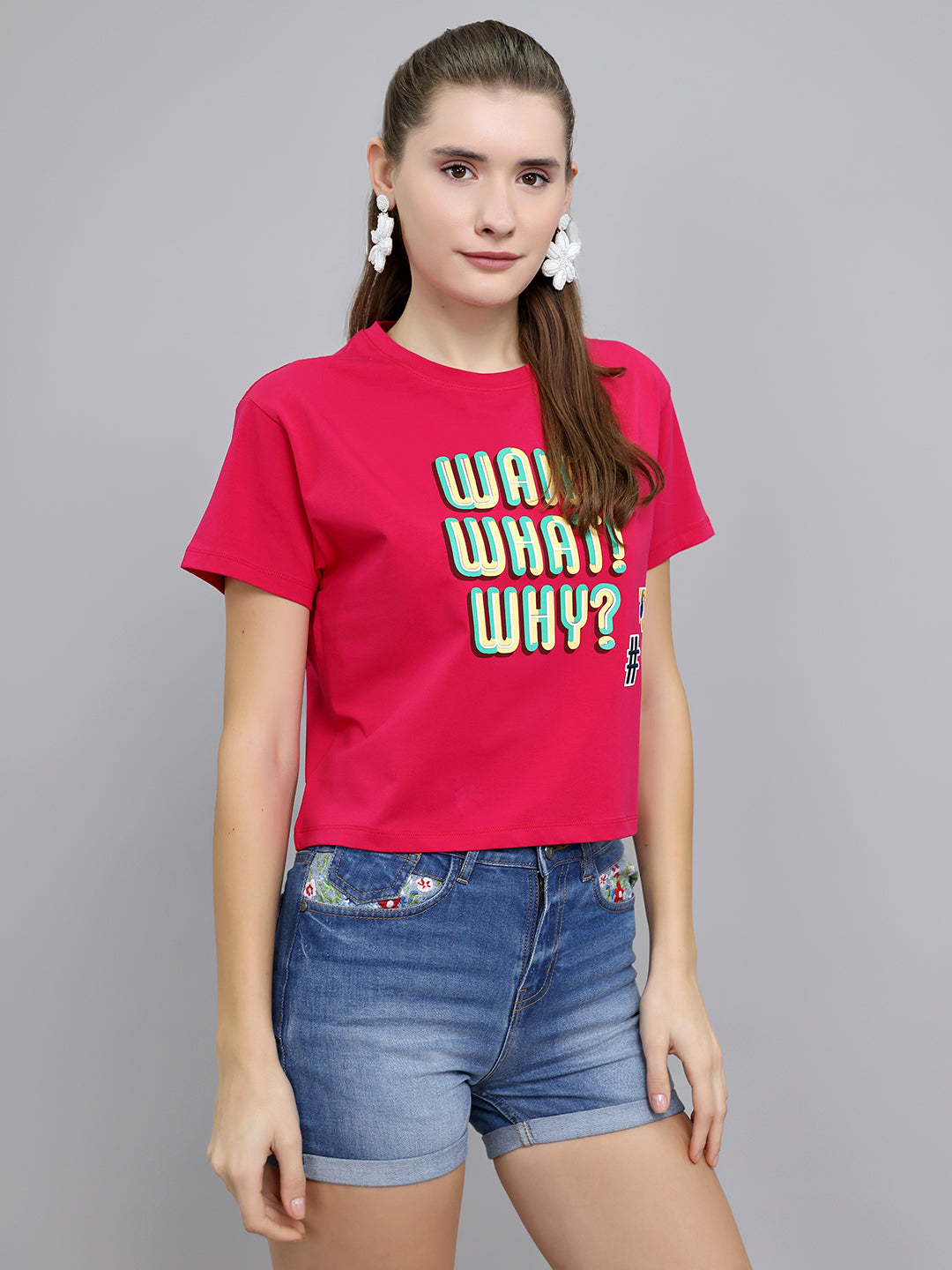 Women Pink Printed Round Neck Half Sleeve Top
