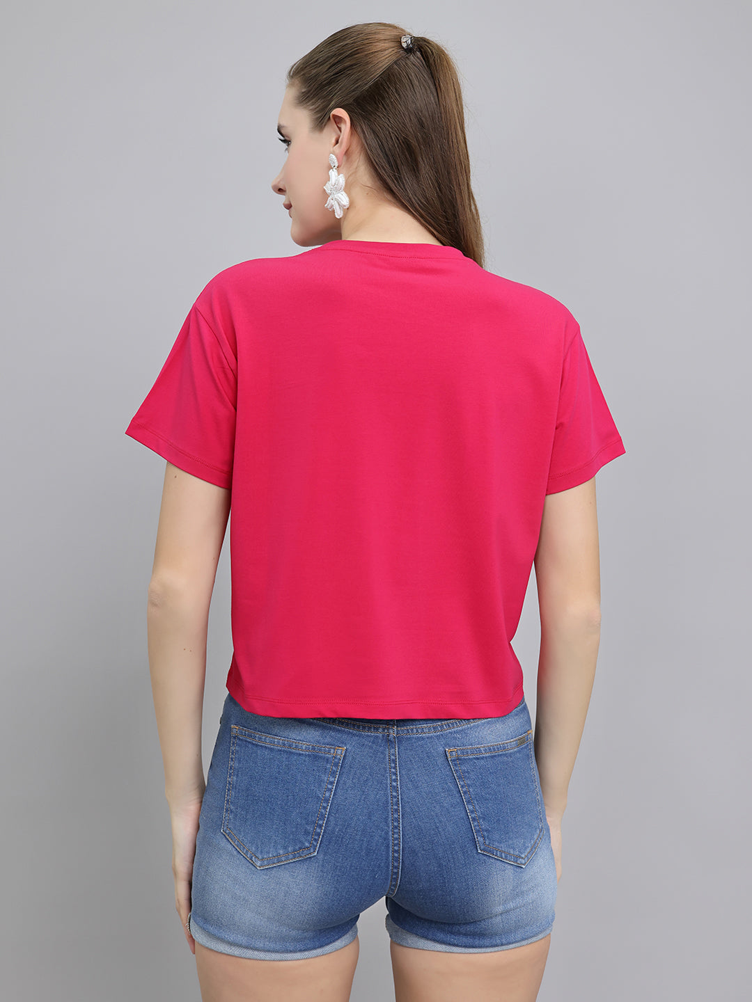 Women Pink Printed Round Neck Half Sleeve Top