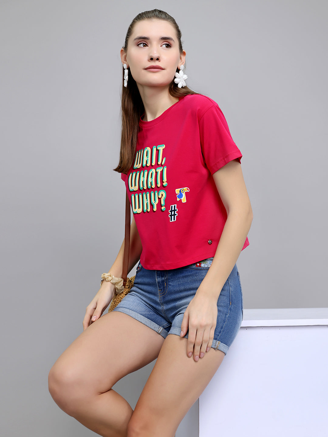 Women Pink Printed Round Neck Half Sleeve Top