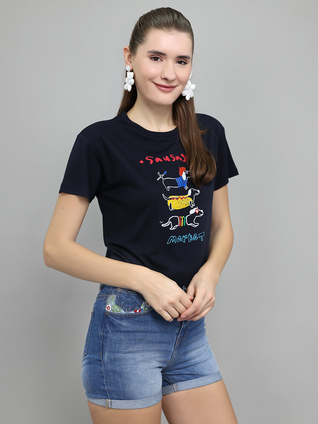 Women Navy Blue Typographic Round Neck Half Sleeve Top